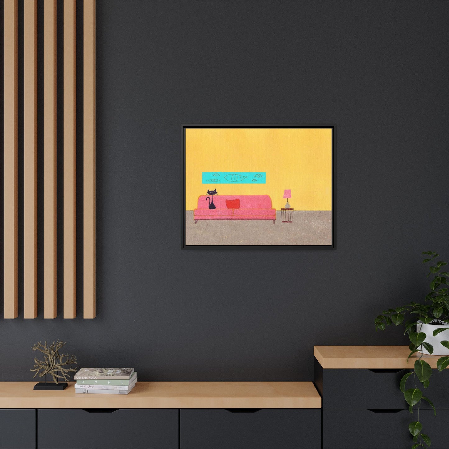 Blue Fish Black Kitty Vintage Inspired Framed Canvas Print