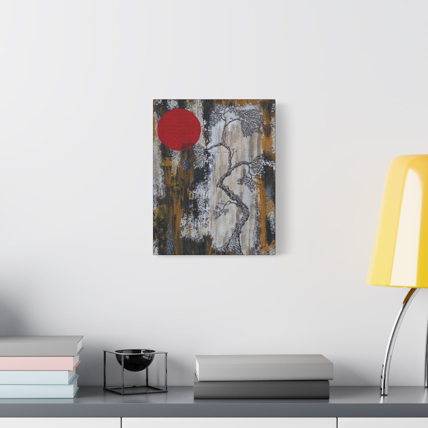 Titled "Red Moon Rising" Abstract Bonsai Tree On Canvas