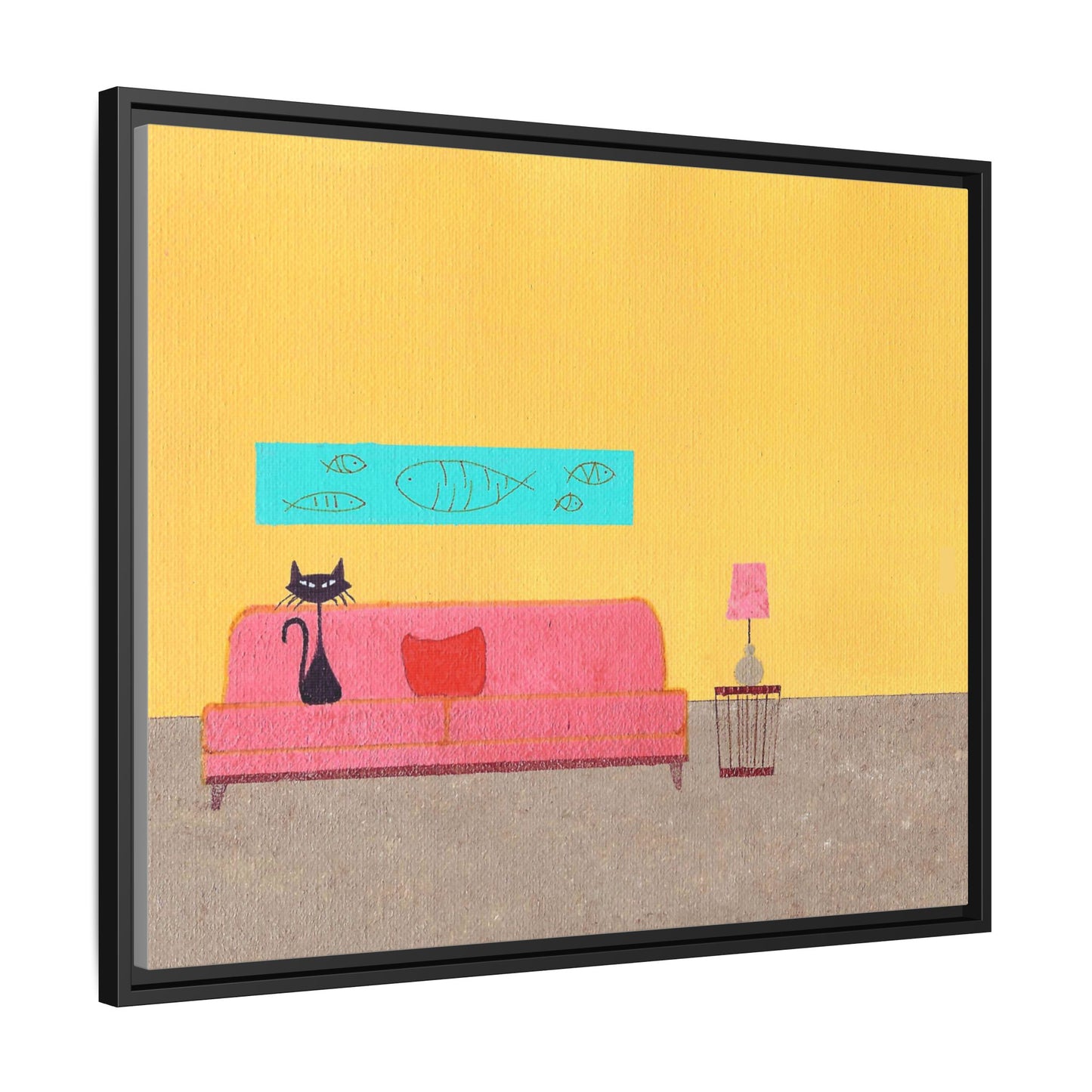 Blue Fish Black Kitty Vintage Inspired Framed Canvas Print