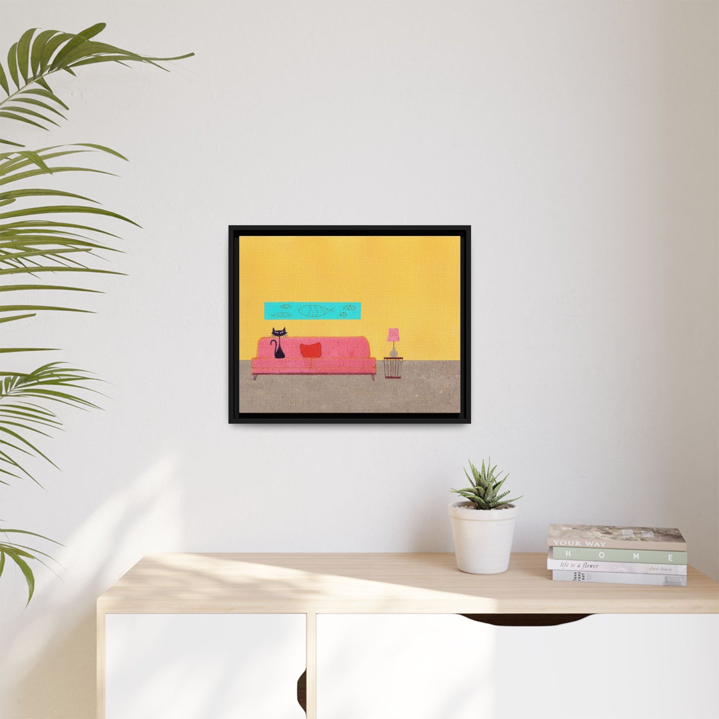 Blue Fish Black Kitty Vintage Inspired Framed Canvas Print