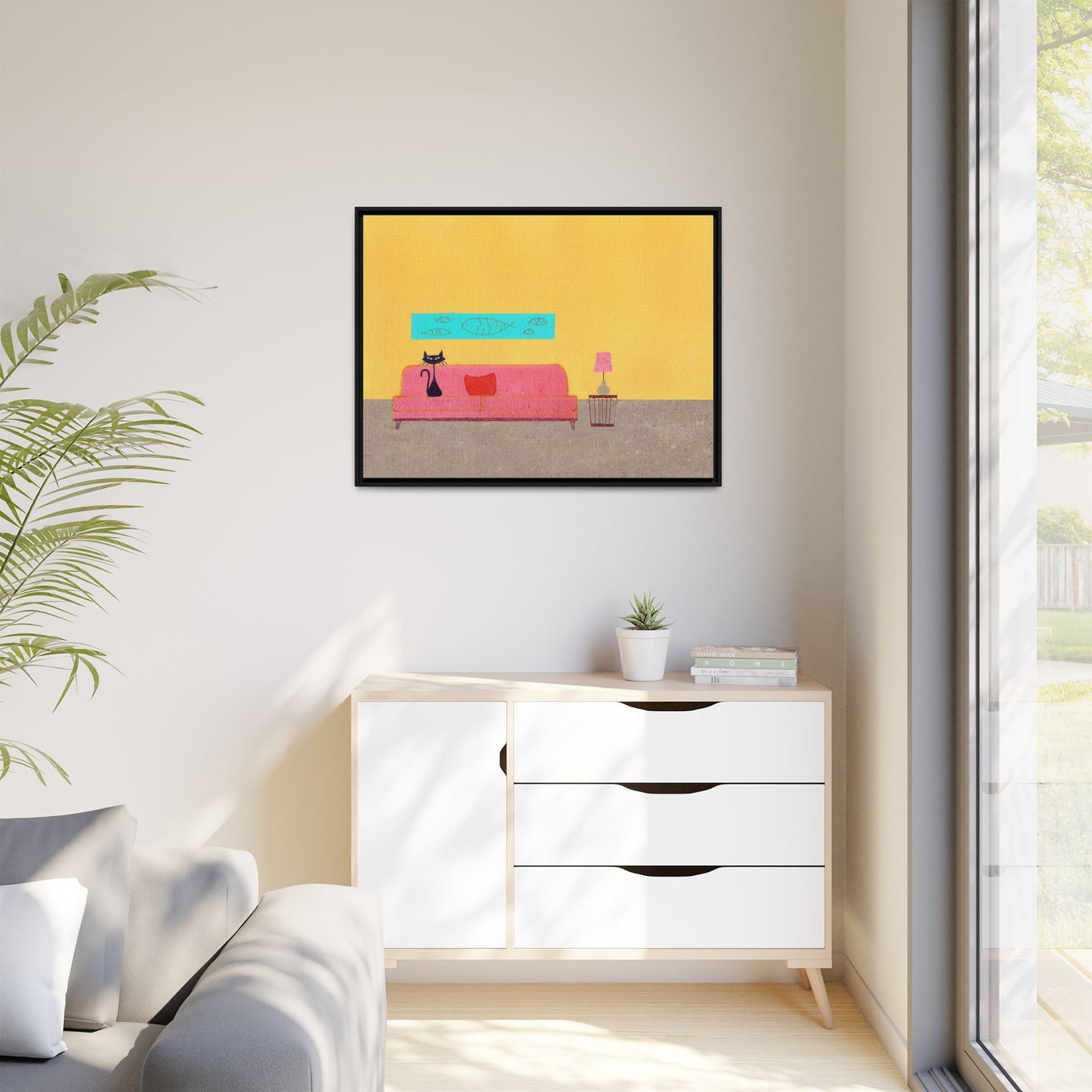 Blue Fish Black Kitty Vintage Inspired Framed Canvas Print