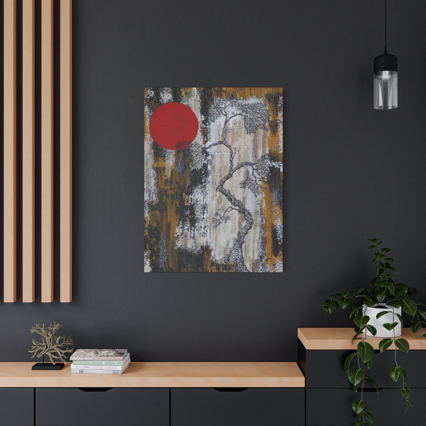Titled "Red Moon Rising" Abstract Bonsai Tree On Canvas