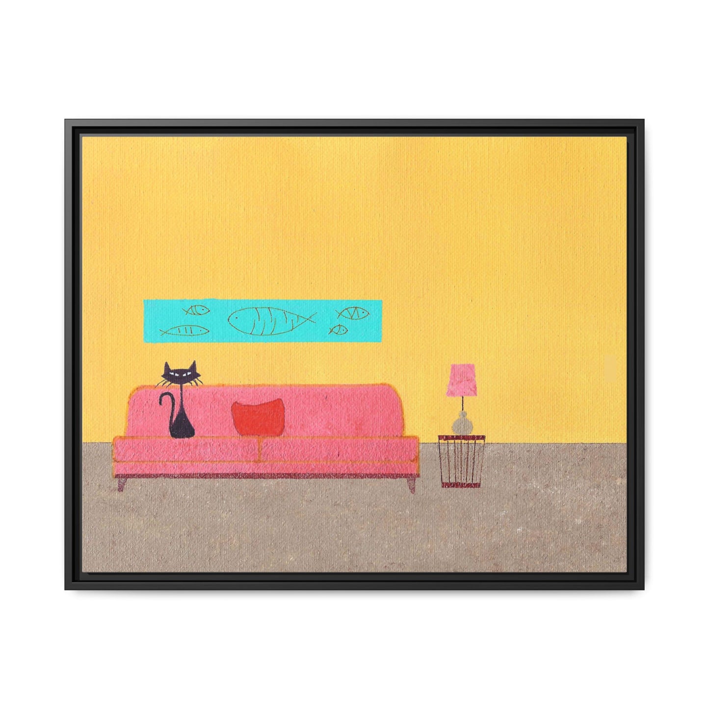 Blue Fish Black Kitty Vintage Inspired Framed Canvas Print
