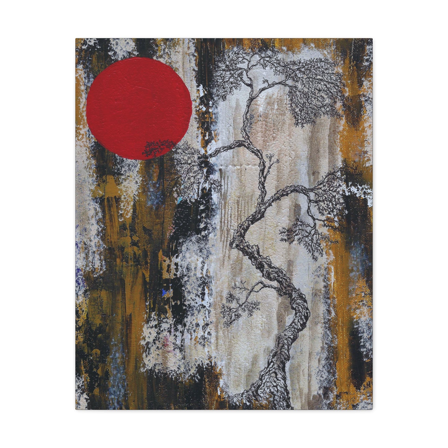 Titled "Red Moon Rising" Abstract Bonsai Tree On Canvas
