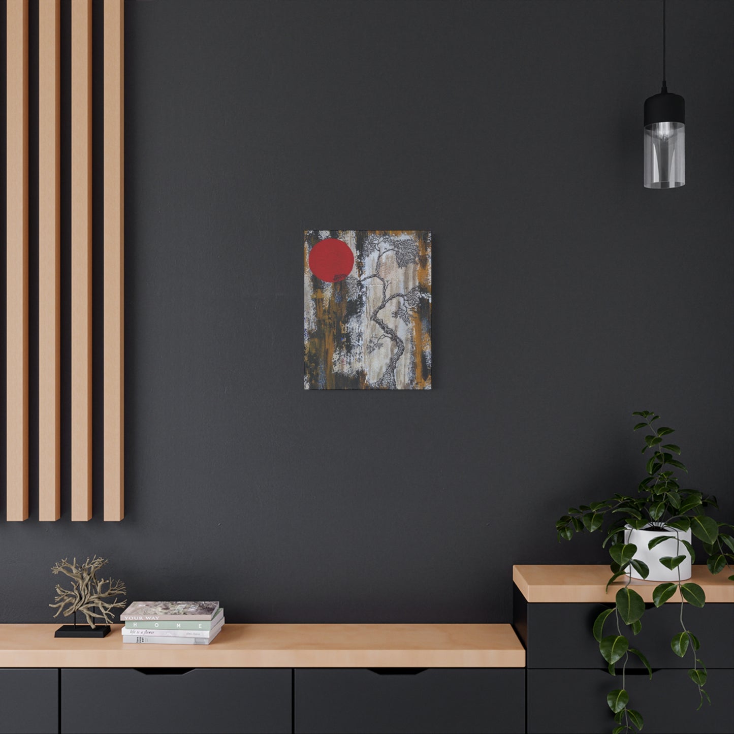 Titled "Red Moon Rising" Abstract Bonsai Tree On Canvas
