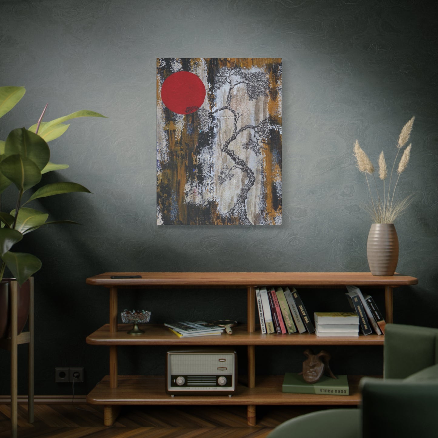 Titled "Red Moon Rising" Abstract Bonsai Tree On Canvas