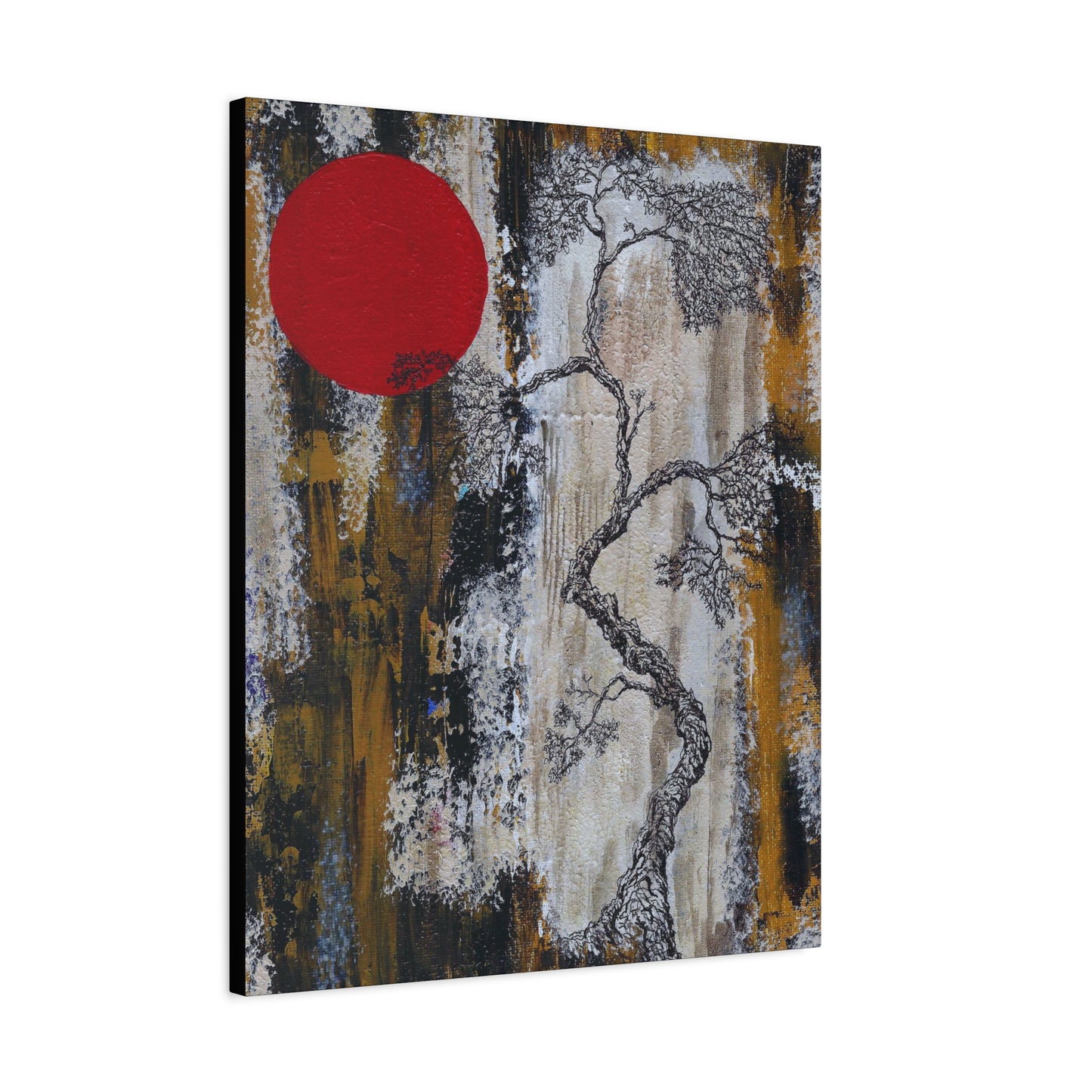 Titled "Red Moon Rising" Abstract Bonsai Tree On Canvas