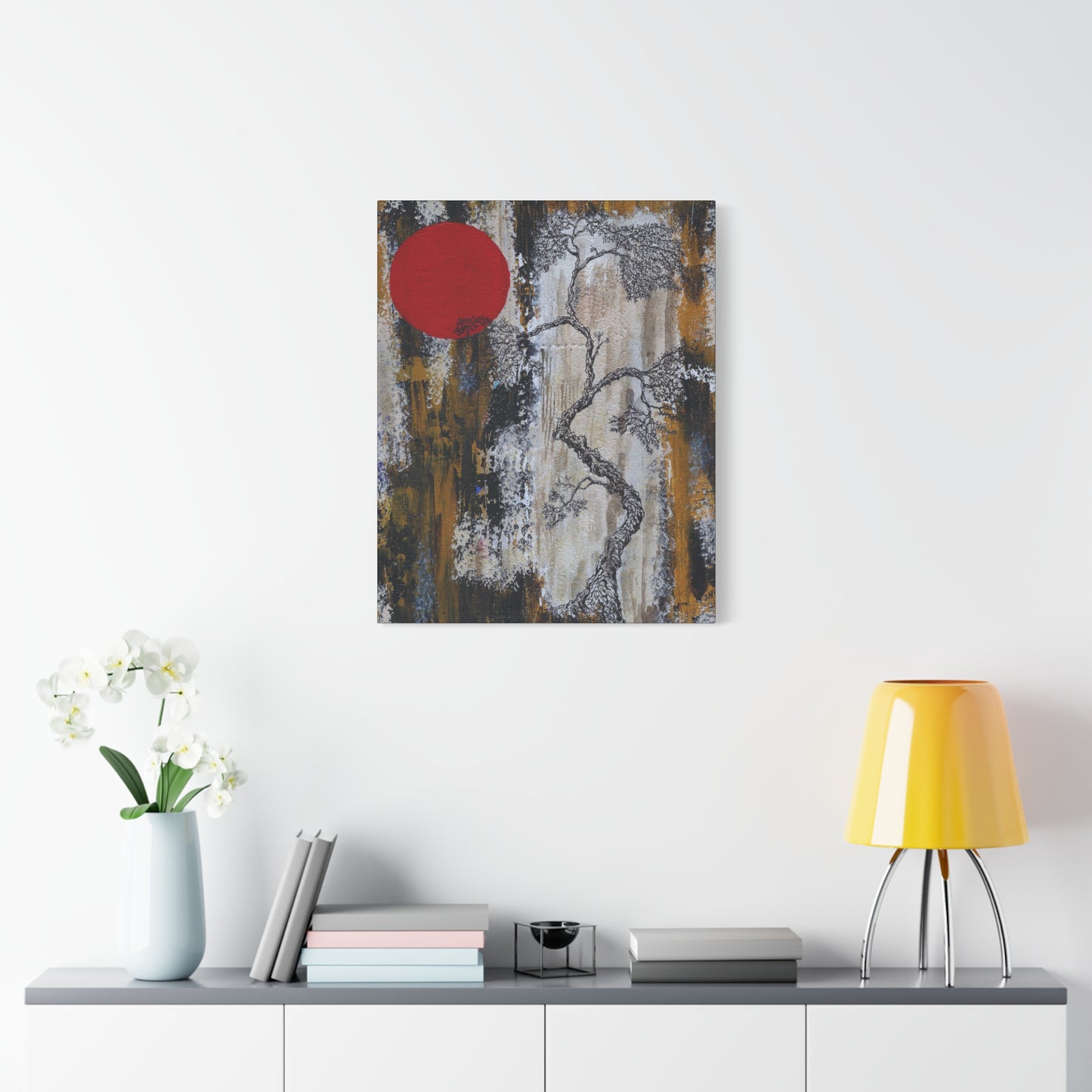 Titled "Red Moon Rising" Abstract Bonsai Tree On Canvas