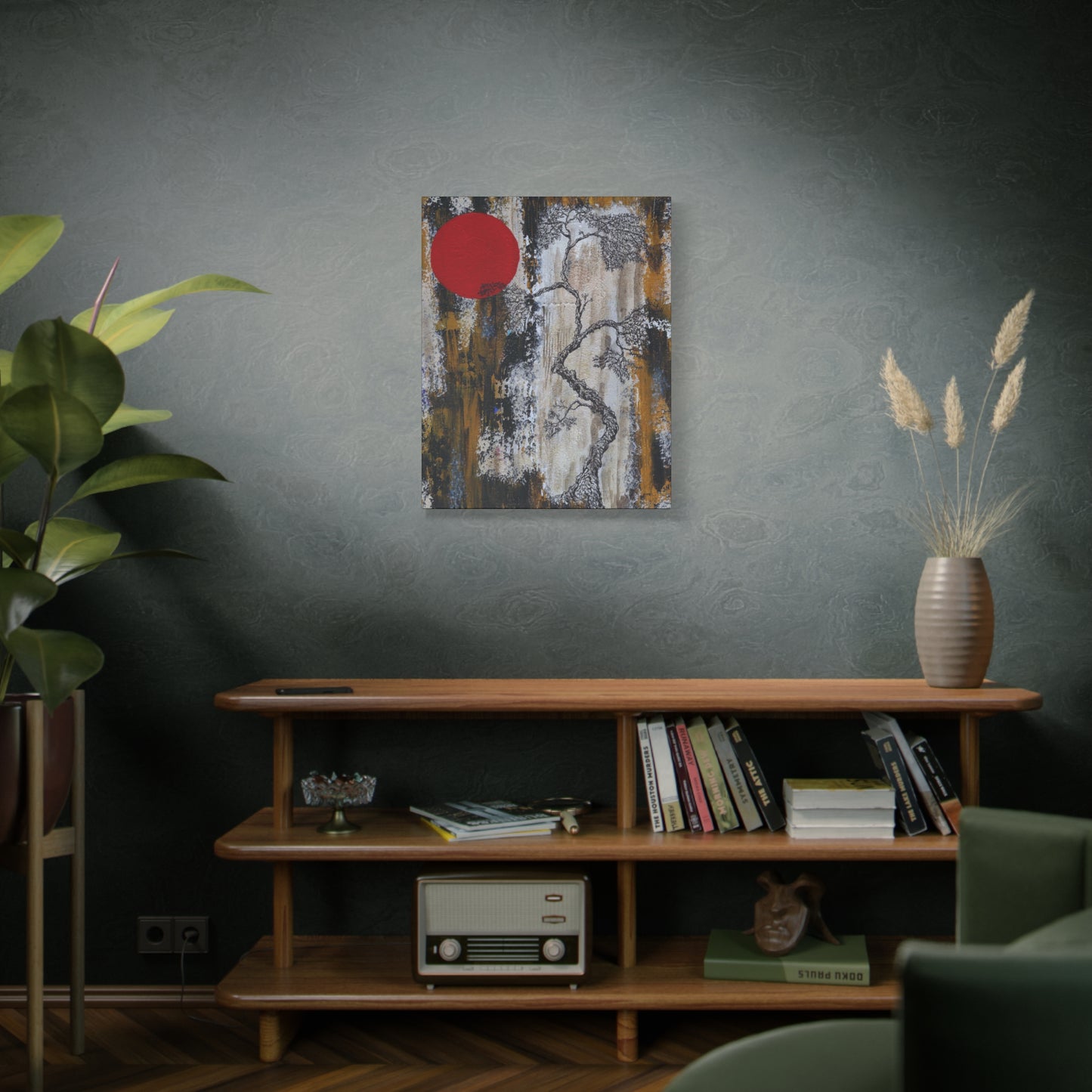 Titled "Red Moon Rising" Abstract Bonsai Tree On Canvas