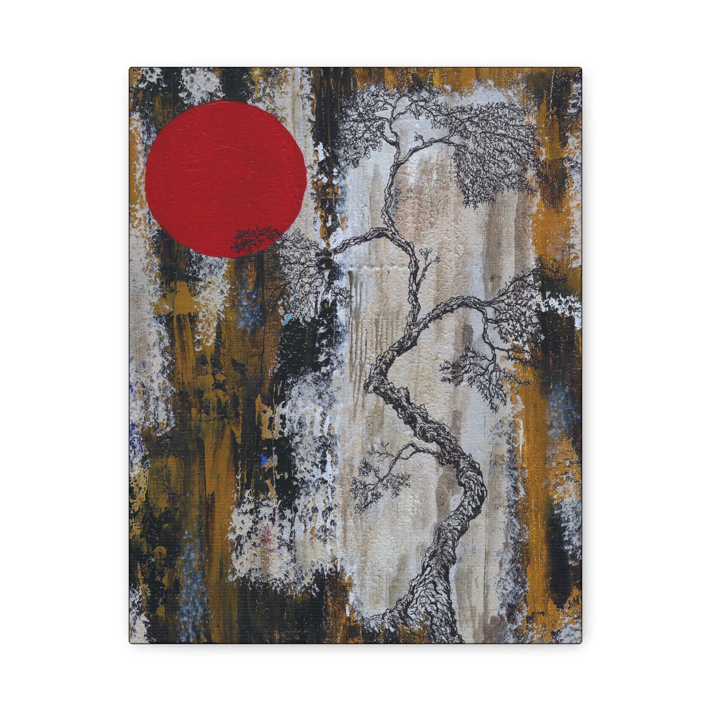 Titled "Red Moon Rising" Abstract Bonsai Tree On Canvas