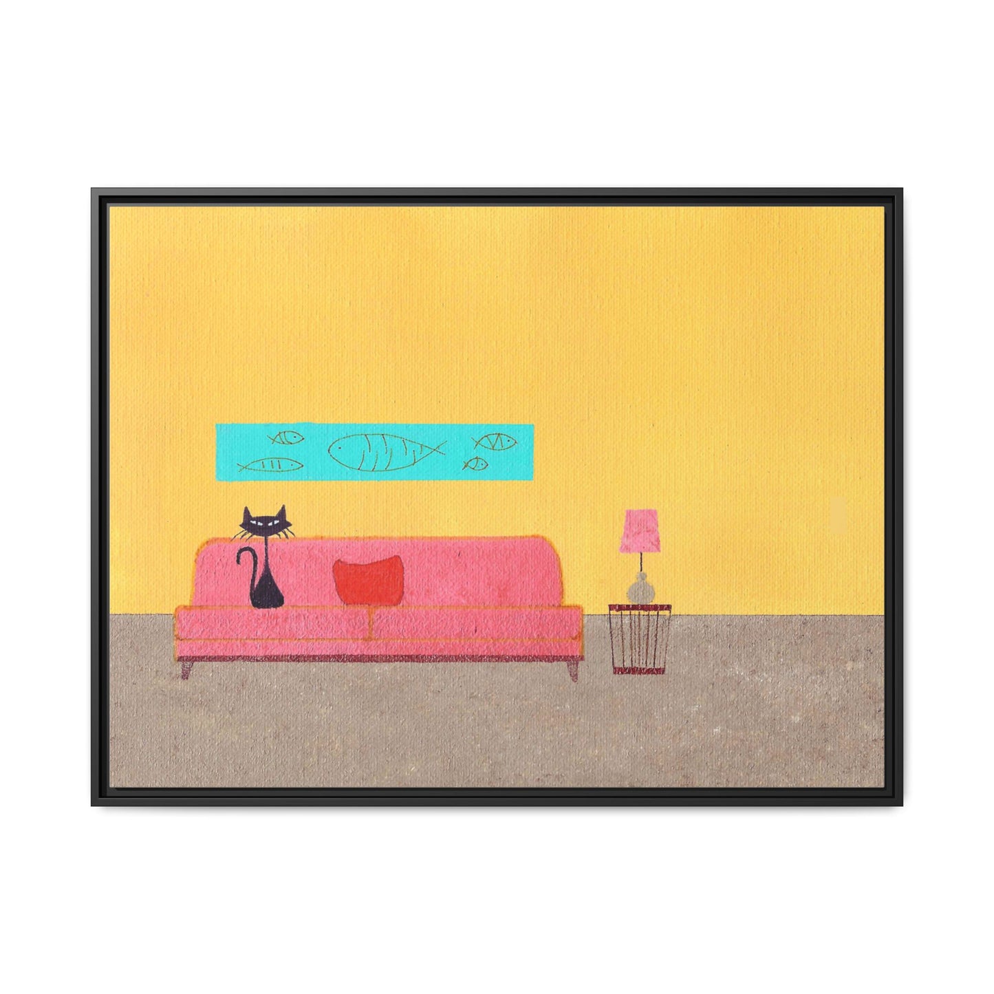 Blue Fish Black Kitty Vintage Inspired Framed Canvas Print