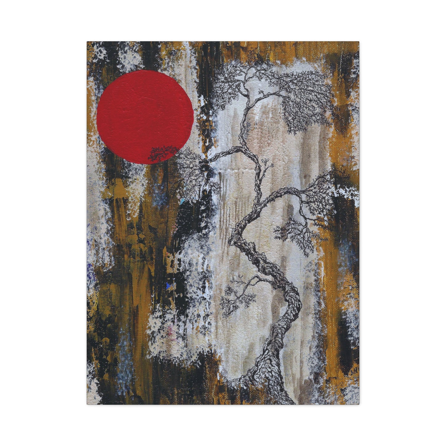 Titled "Red Moon Rising" Abstract Bonsai Tree On Canvas