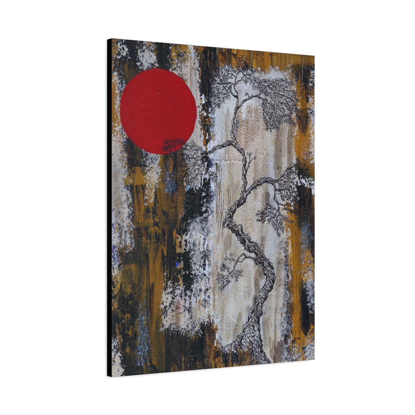 Titled "Red Moon Rising" Abstract Bonsai Tree On Canvas