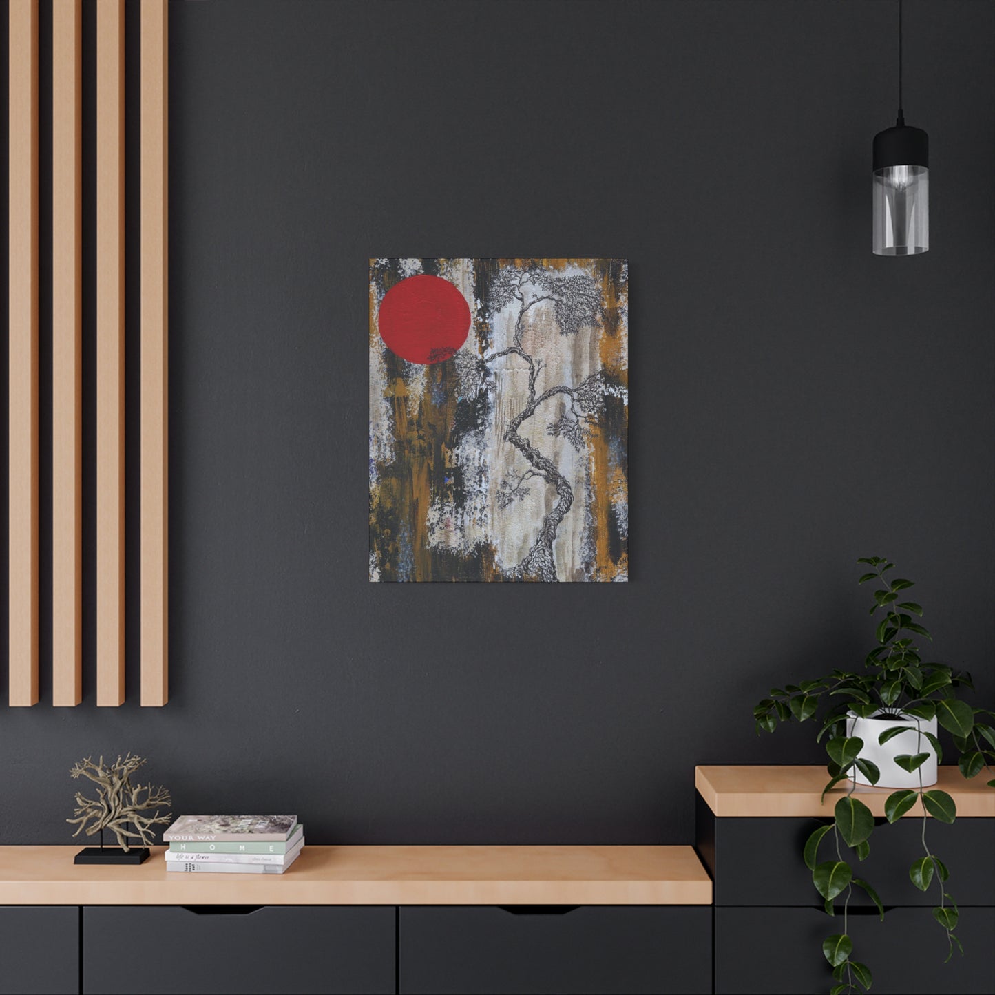 Titled "Red Moon Rising" Abstract Bonsai Tree On Canvas