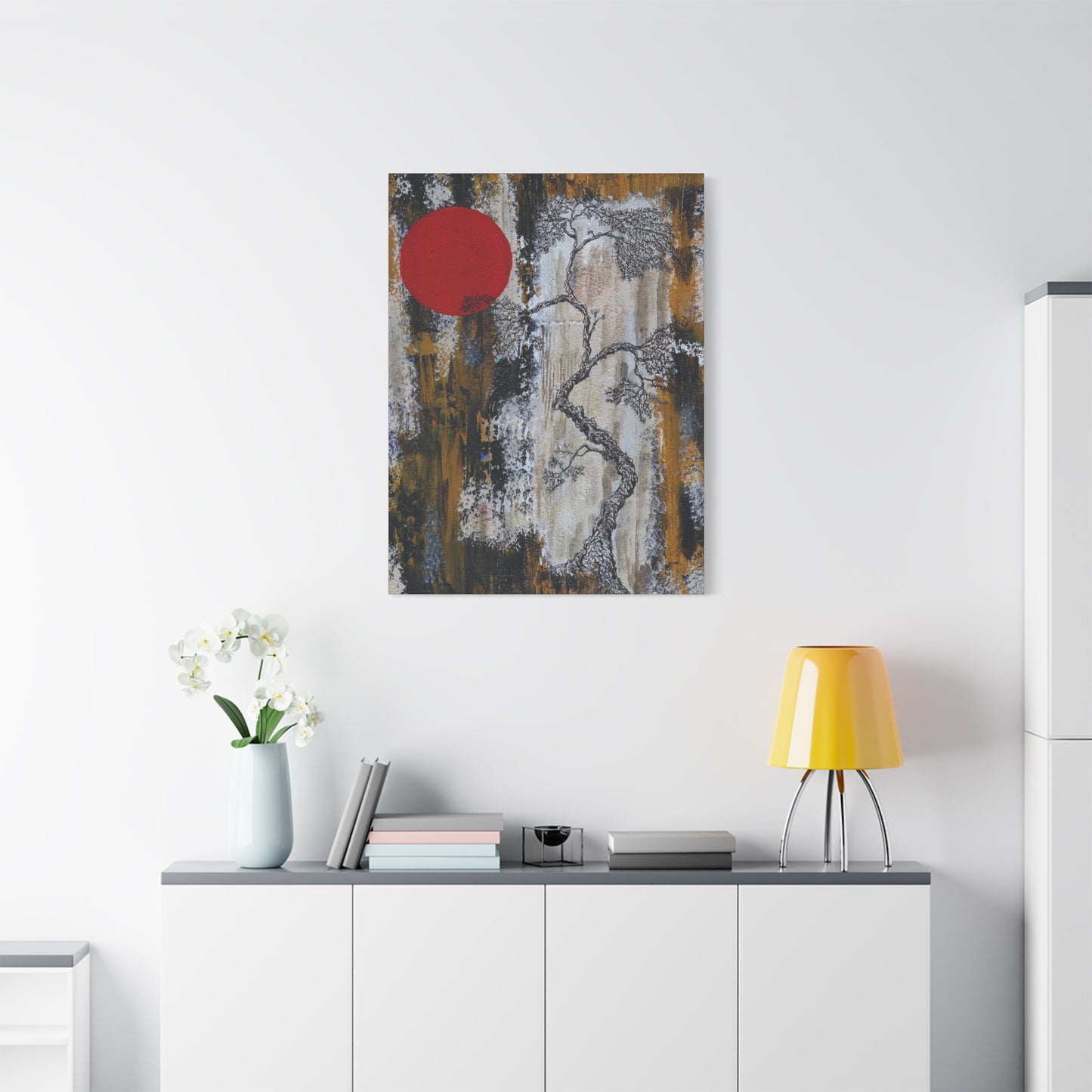 Titled "Red Moon Rising" Abstract Bonsai Tree On Canvas