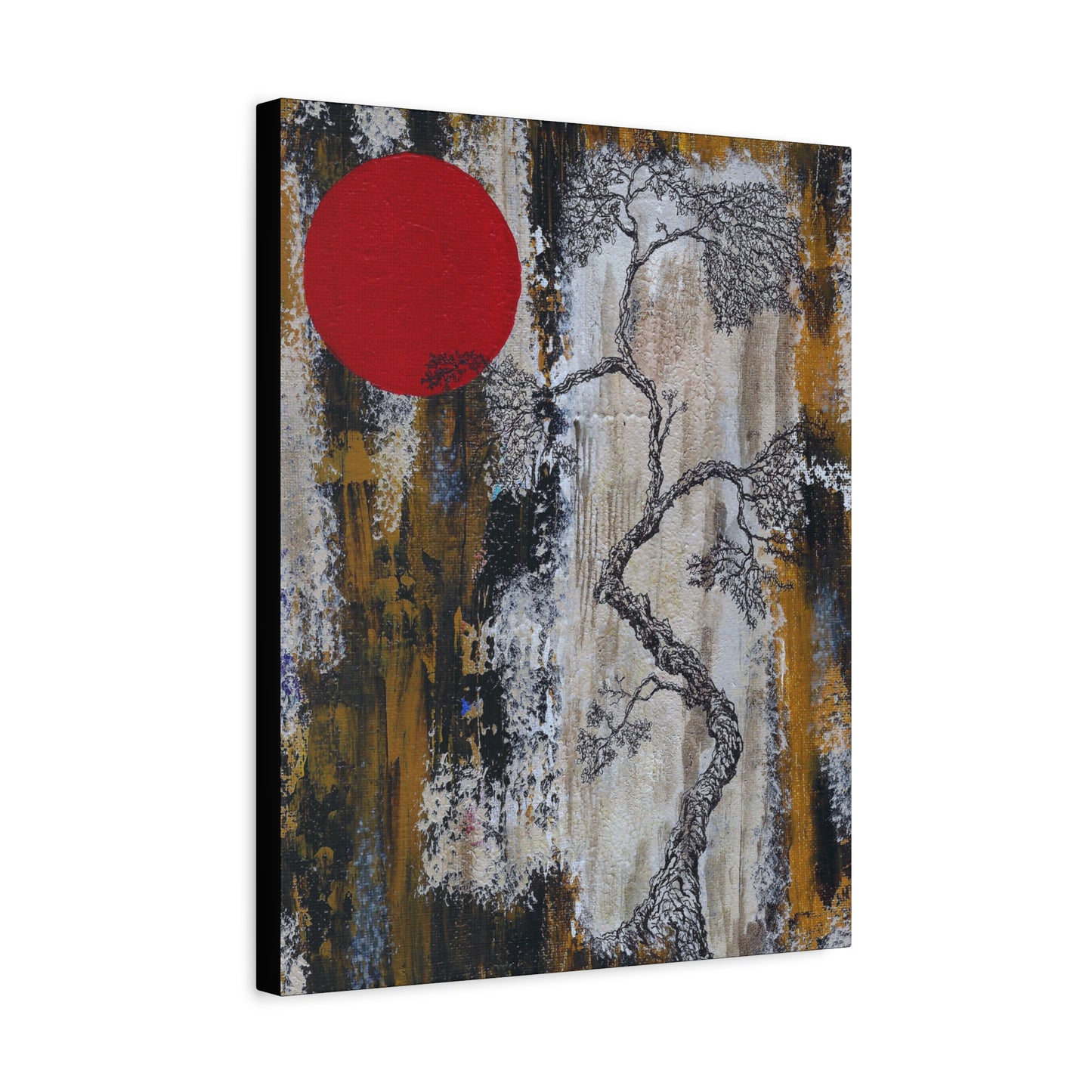 Titled "Red Moon Rising" Abstract Bonsai Tree On Canvas
