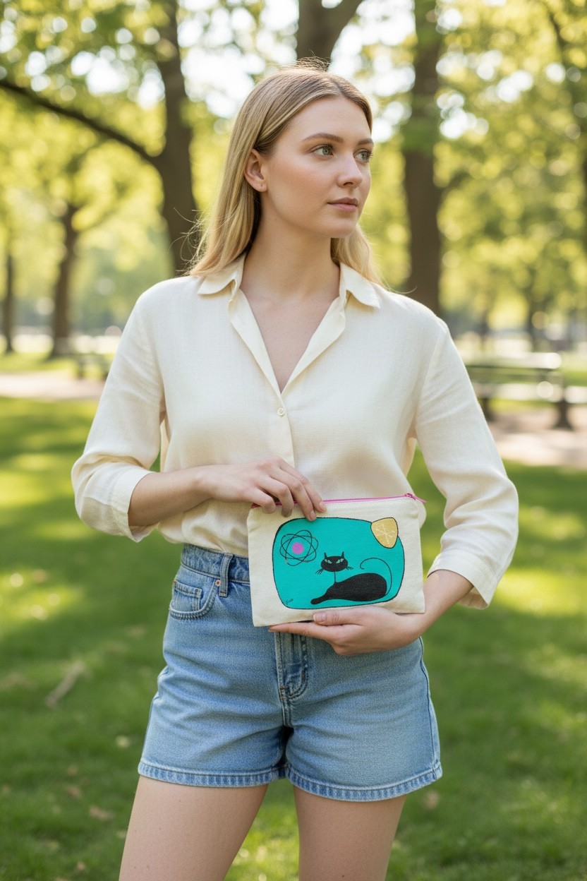Mid‑Century Cat Art Pouch – Black Cat on Aqua with Atomic Symbol – JLockeDesigns