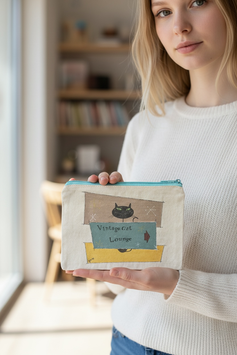 Vintage Cat Lounge Pouch – Black Cat with Retro Color Blocks – JLockeDesigns