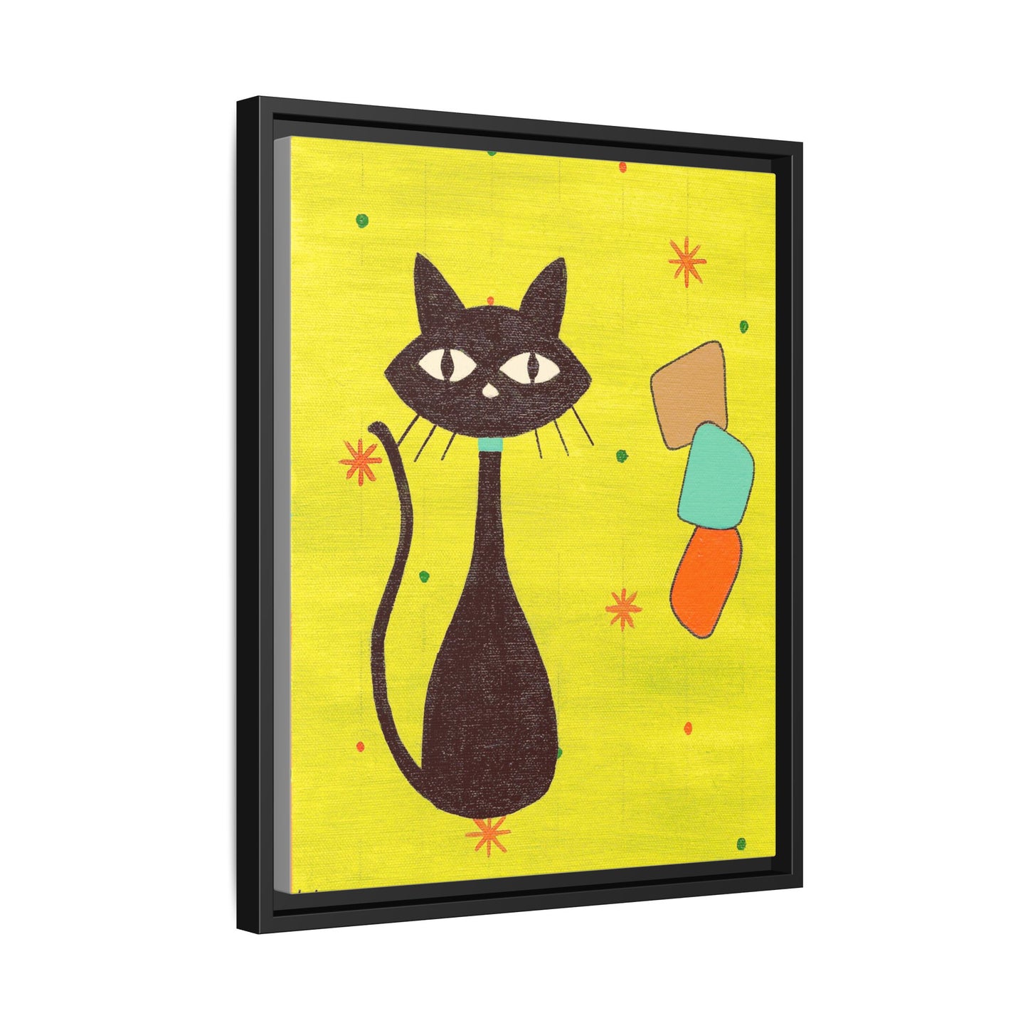 Play Time — Geometric Black Cat Matte Canvas Print (Framed)