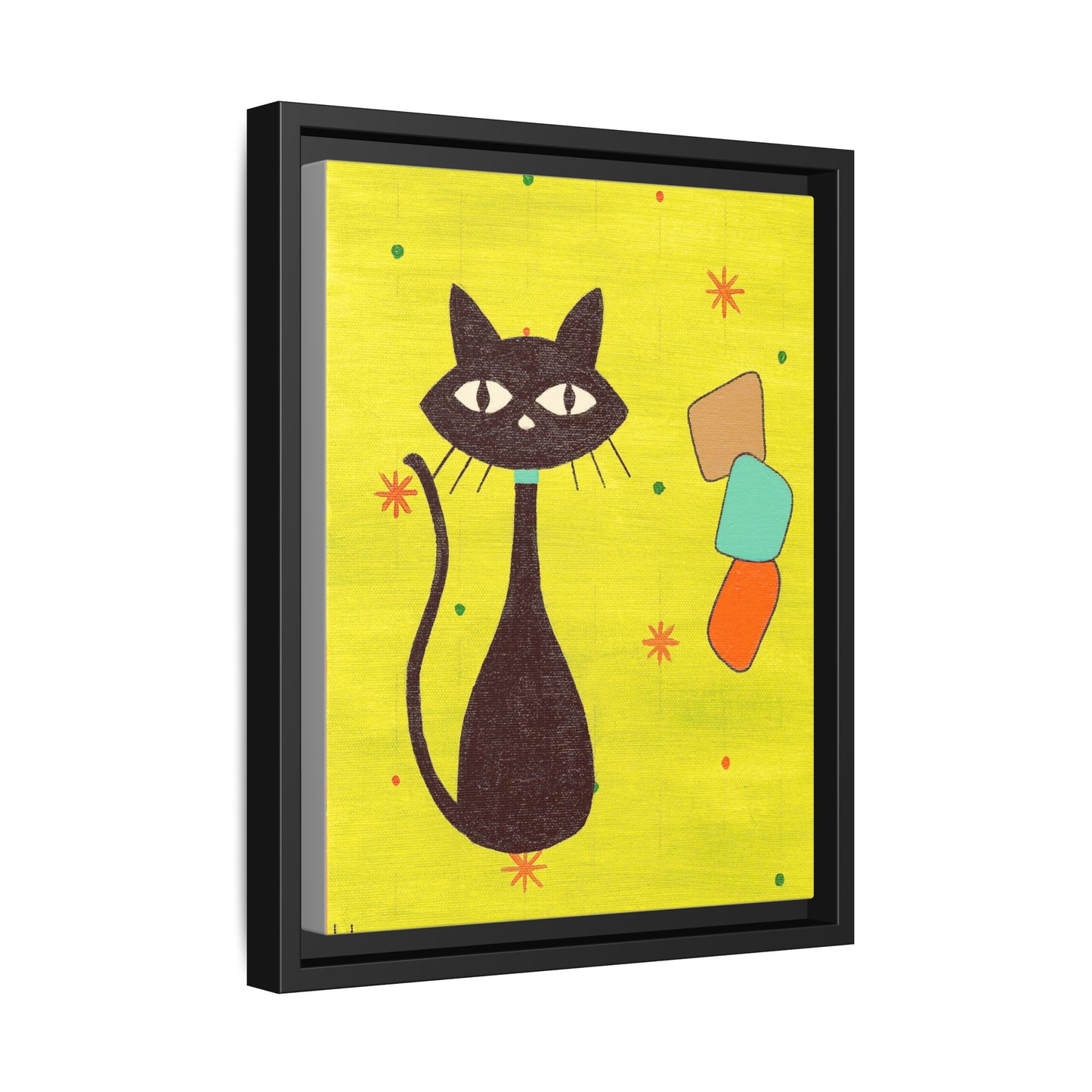 Play Time — Geometric Black Cat Matte Canvas Print (Framed)