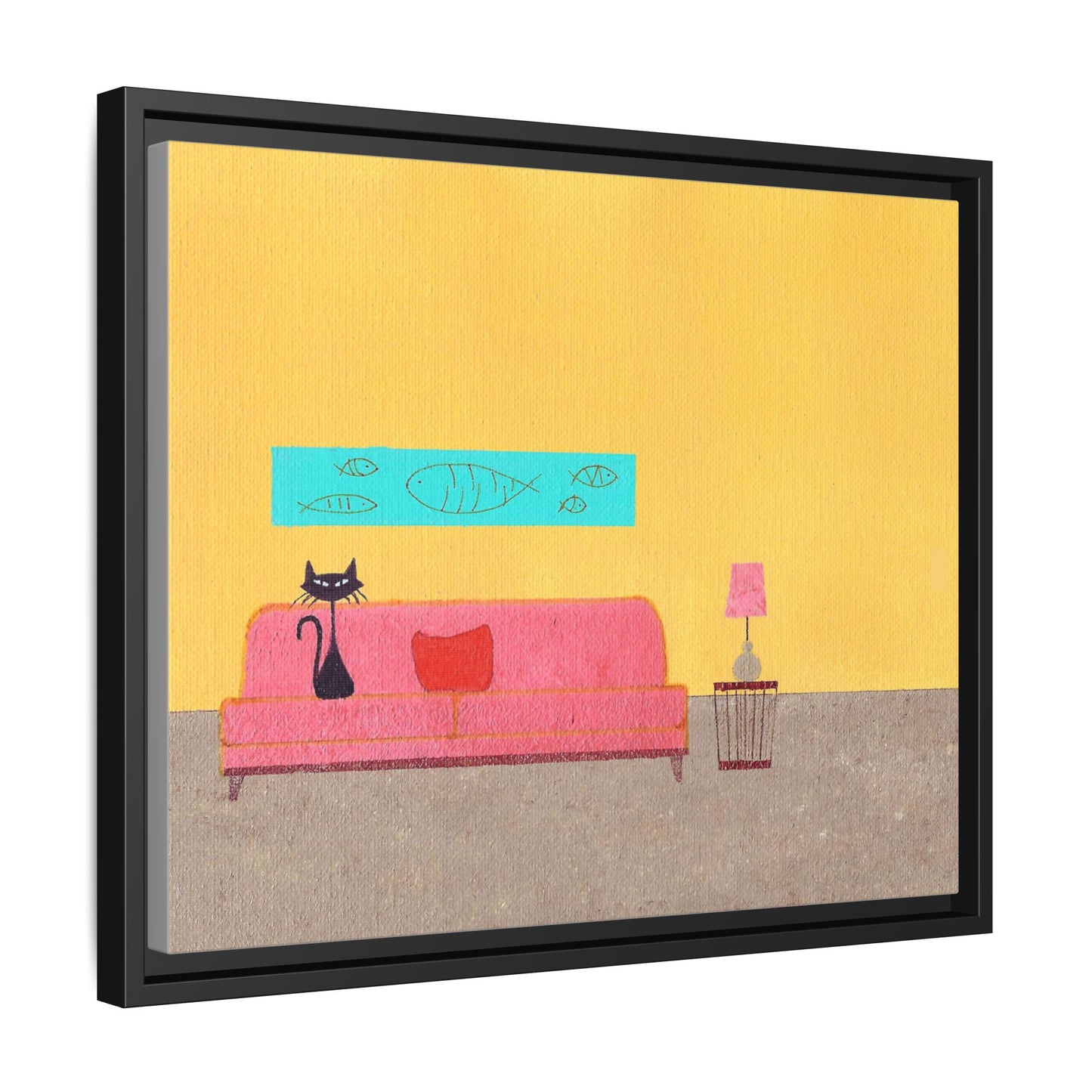 Blue Fish Black Kitty Vintage Inspired Framed Canvas Print