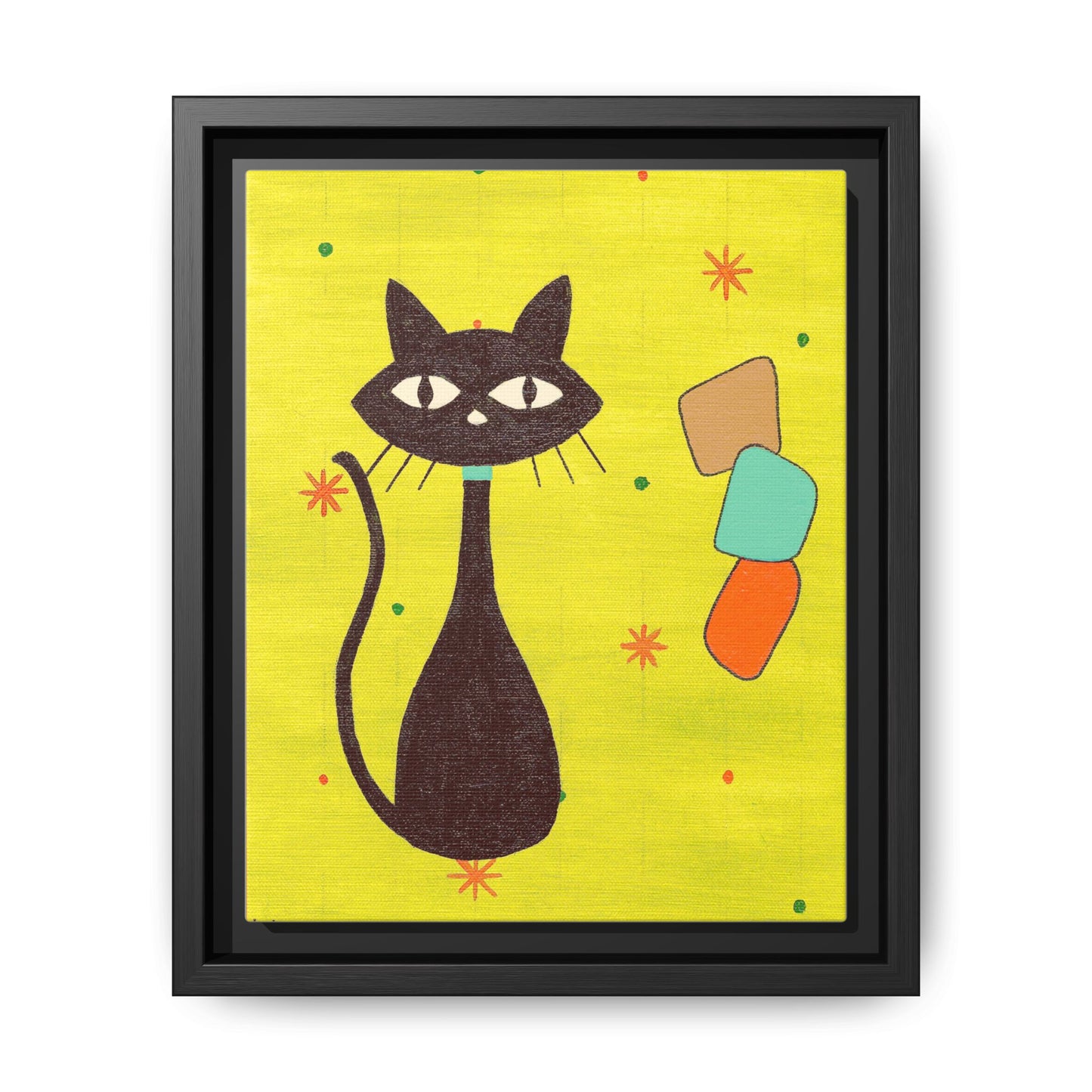 Play Time — Geometric Black Cat Matte Canvas Print (Framed)