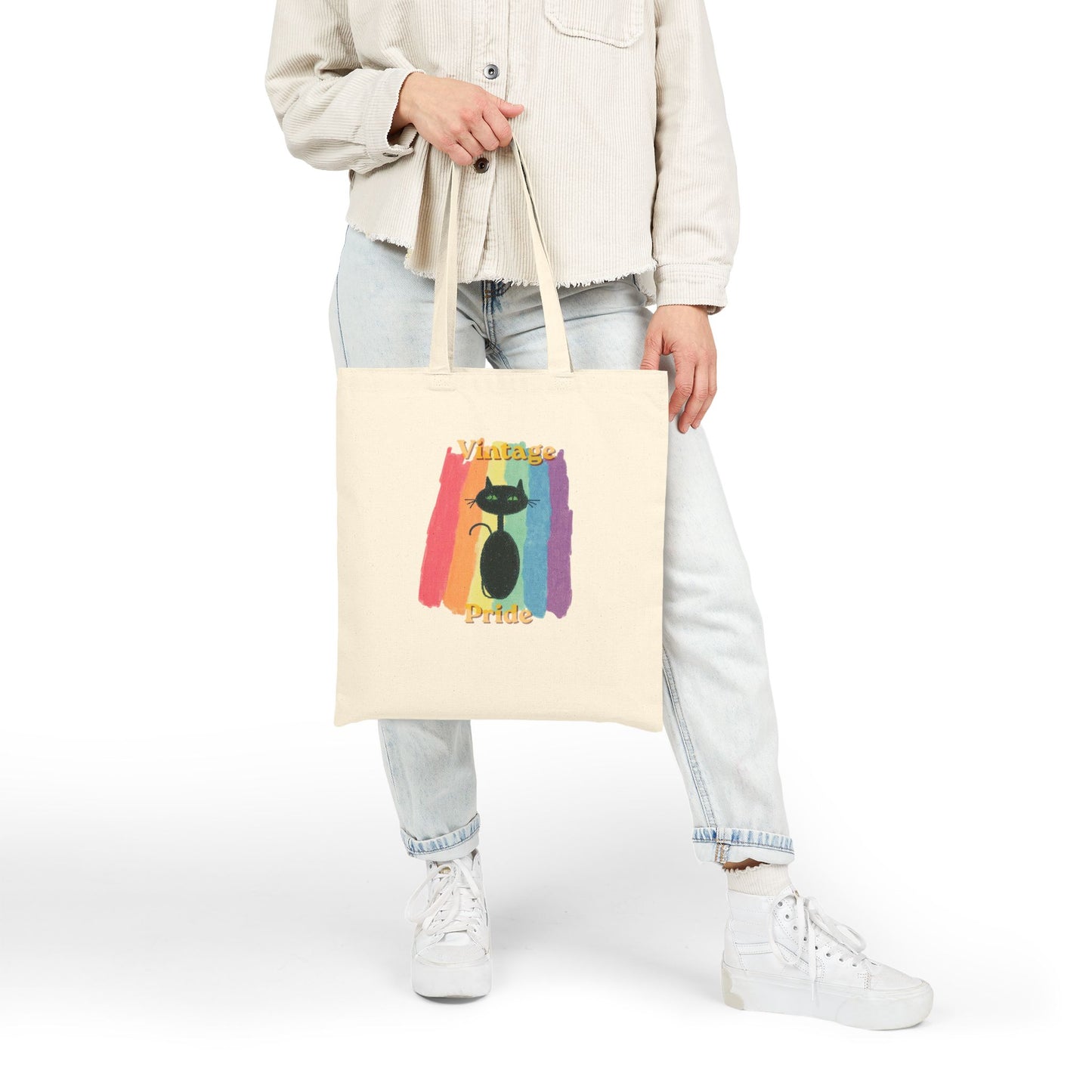 Vintage Pride Canvas Tote — Gay Pride Rainbow Cat Tote Bag — JLockeDesigns