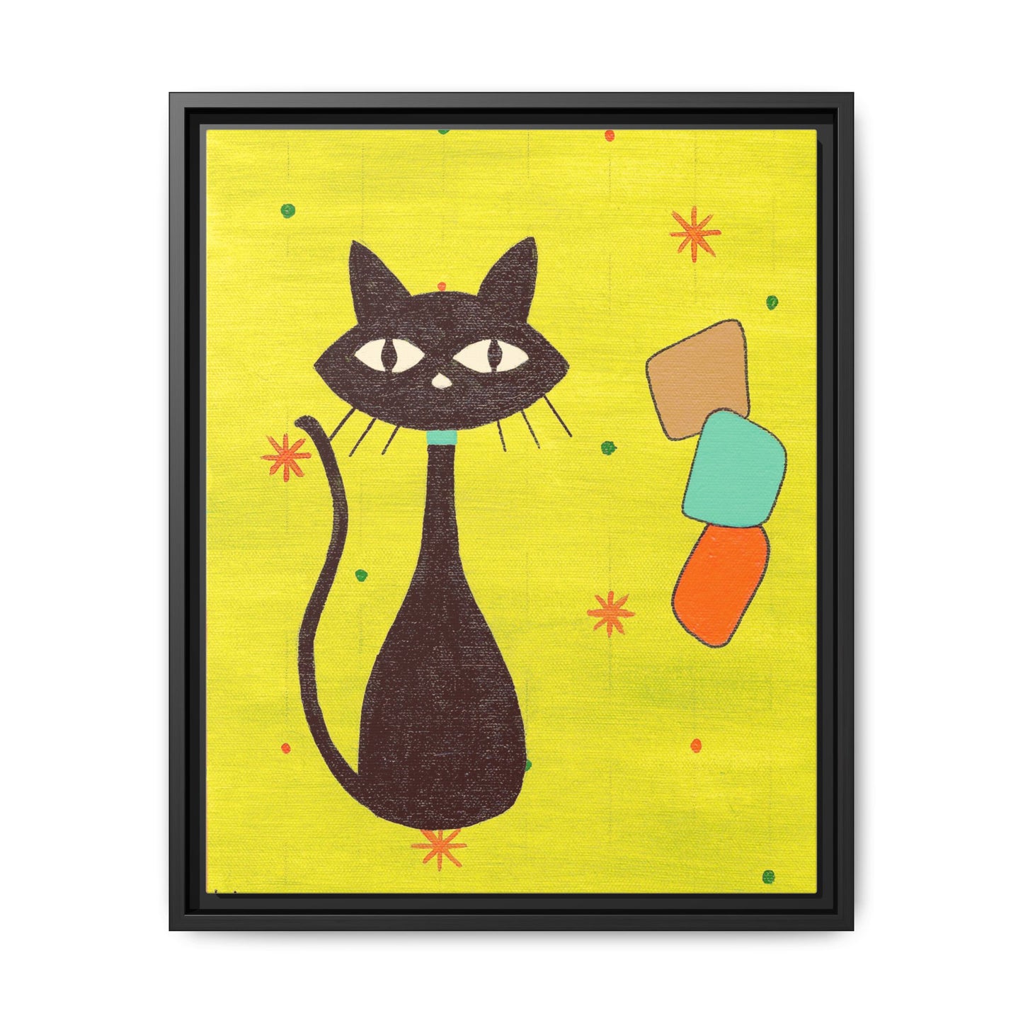 Play Time — Geometric Black Cat Matte Canvas Print (Framed)