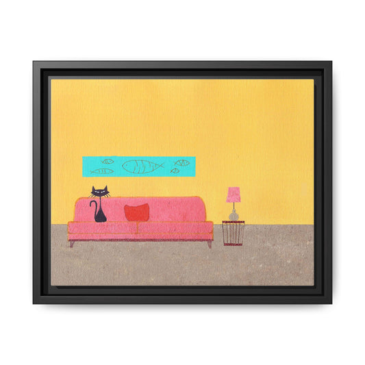 Blue Fish Black Kitty Vintage Inspired Framed Canvas Print