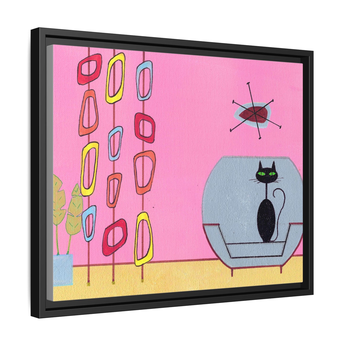 Mid‑Century Cat Art – Colorful Abstract Retro Scene – Framed Canvas Print – JLockeDesigns
