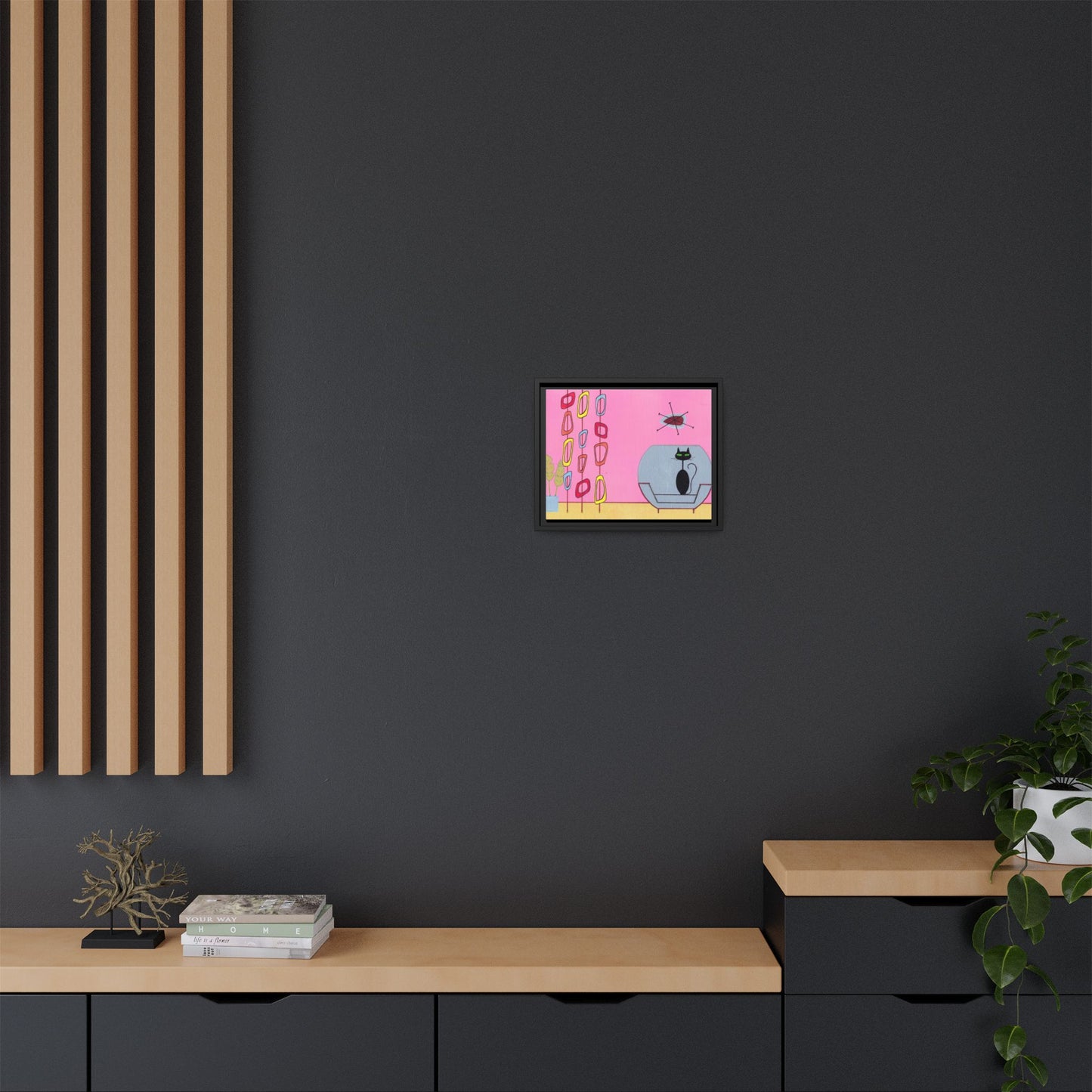 Mid‑Century Cat Art – Colorful Abstract Retro Scene – Framed Canvas Print – JLockeDesigns