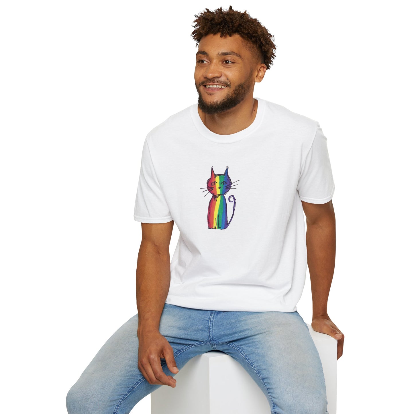 Pride Celebration Feline T‑Shirt – Rainbow Cat Graphic Tee – Mid‑Century Retro Style -JLockeDesgins