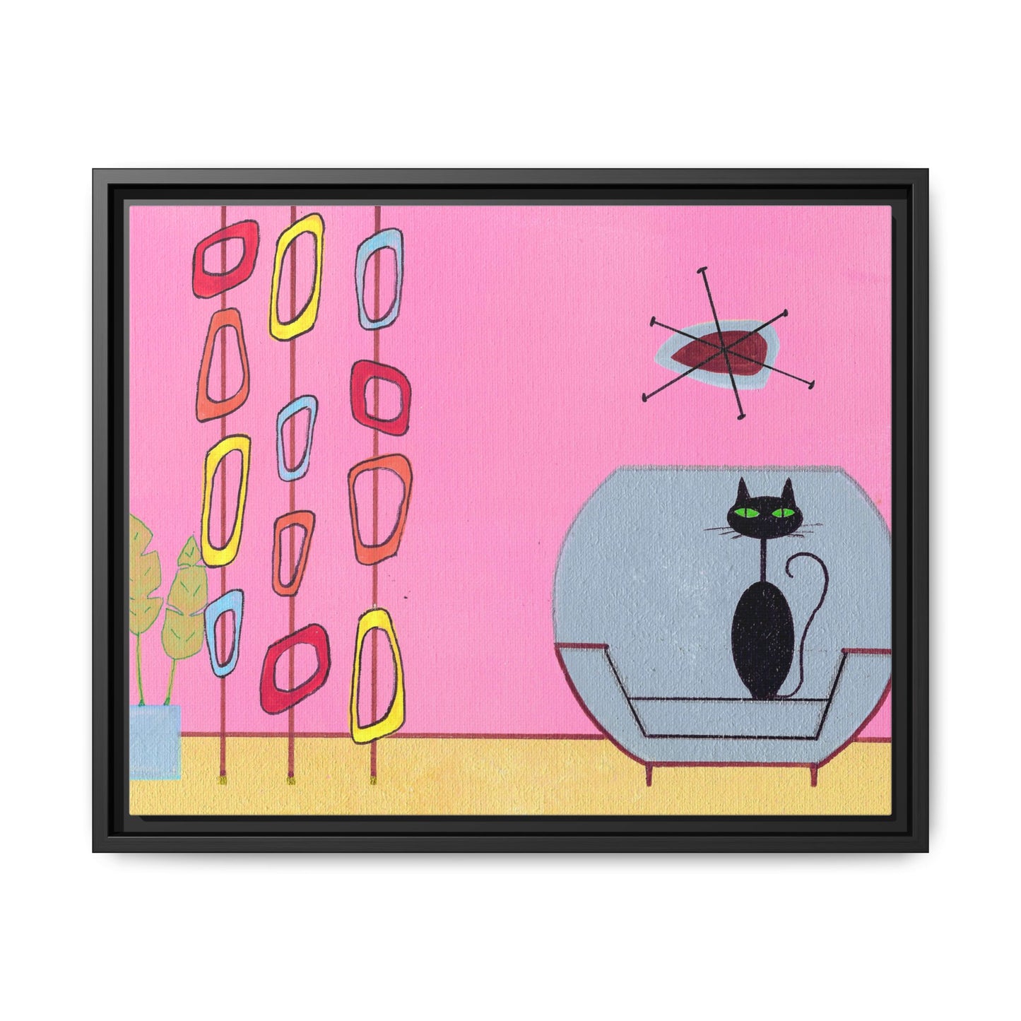 Mid‑Century Cat Art – Colorful Abstract Retro Scene – Framed Canvas Print – JLockeDesigns