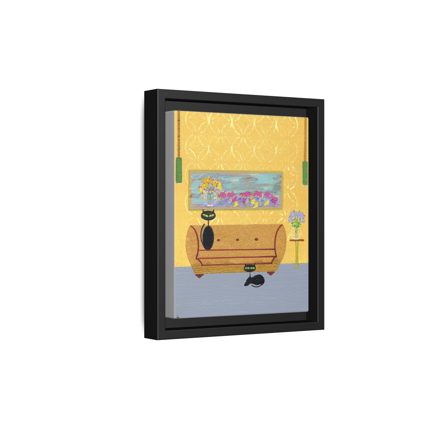 Framed Matte Canvas Wall Art — Two Black Cats on 1970s Vintage Furniture