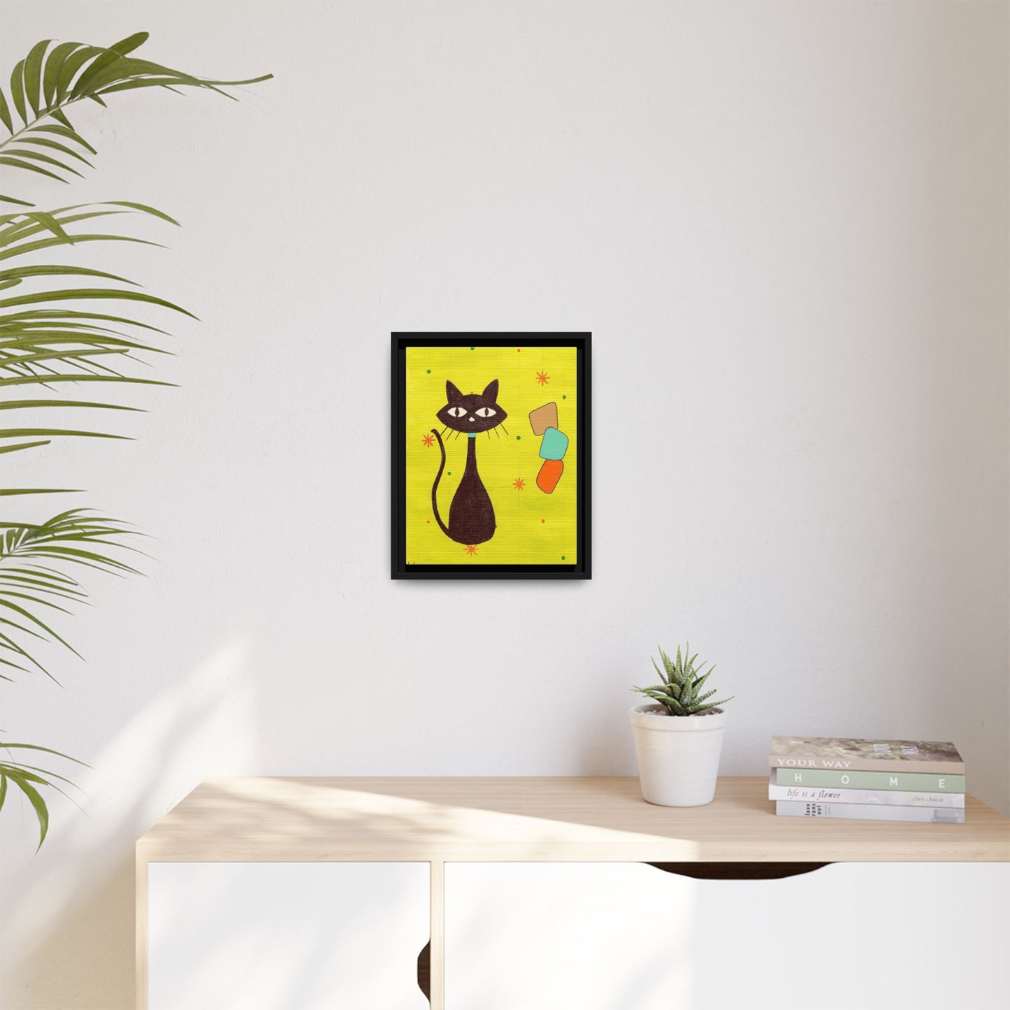 Play Time — Geometric Black Cat Matte Canvas Print (Framed)