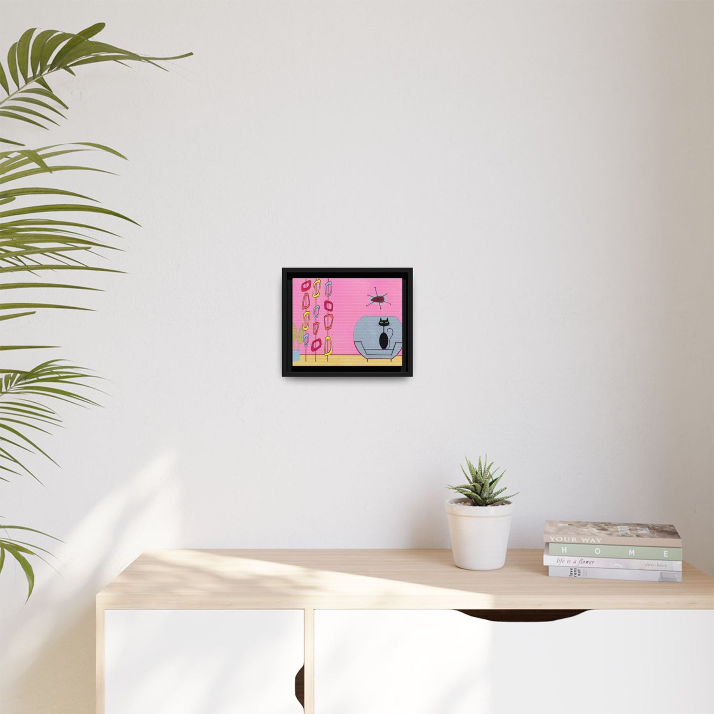 Mid‑Century Cat Art – Colorful Abstract Retro Scene – Framed Canvas Print – JLockeDesigns