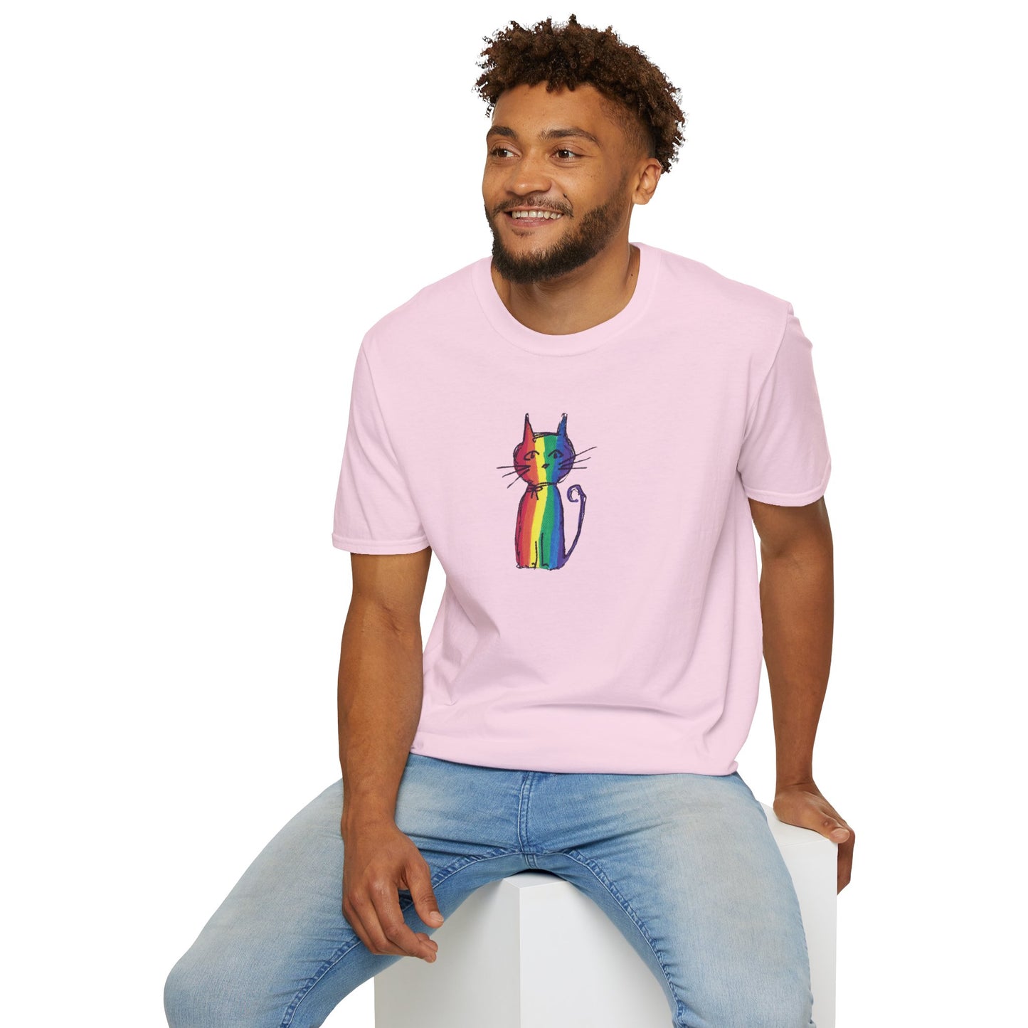 Pride Celebration Feline T‑Shirt – Rainbow Cat Graphic Tee – Mid‑Century Retro Style -JLockeDesgins