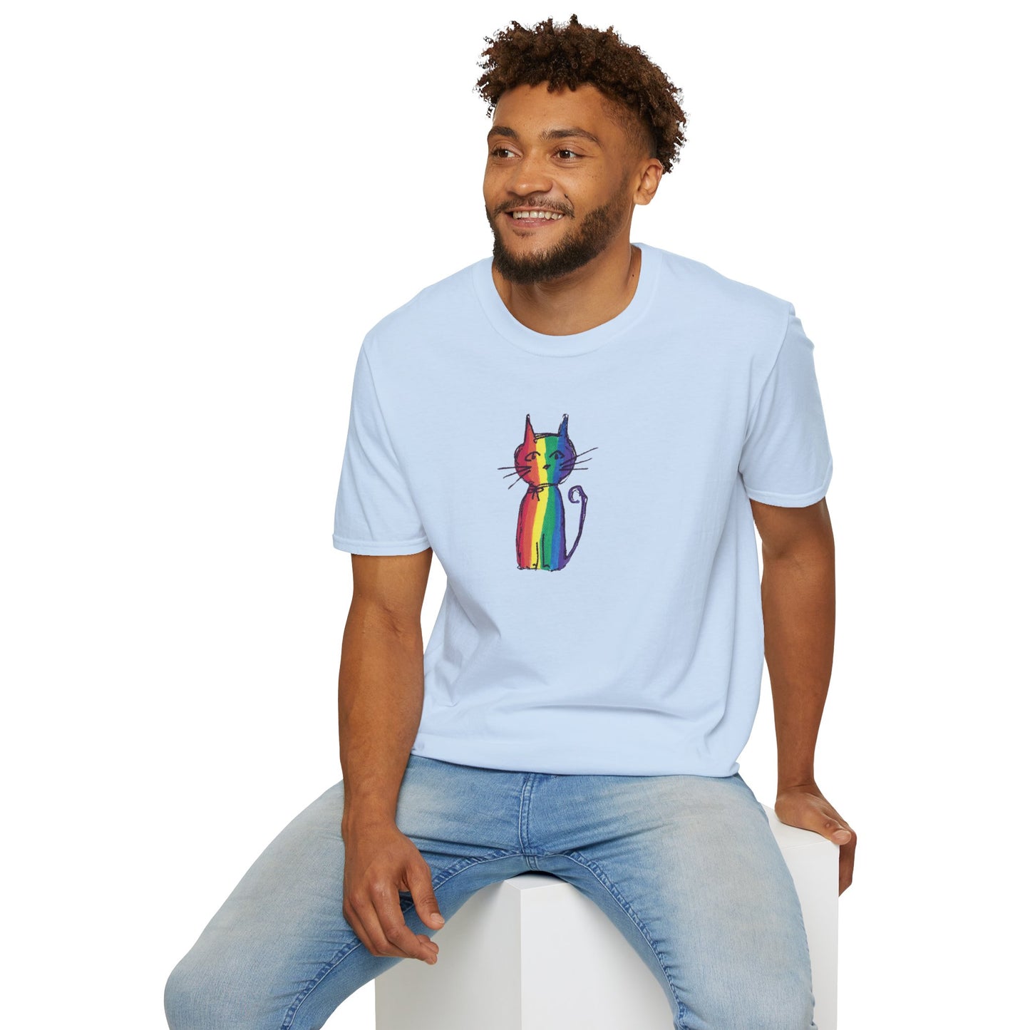 Pride Celebration Feline T‑Shirt – Rainbow Cat Graphic Tee – Mid‑Century Retro Style -JLockeDesgins