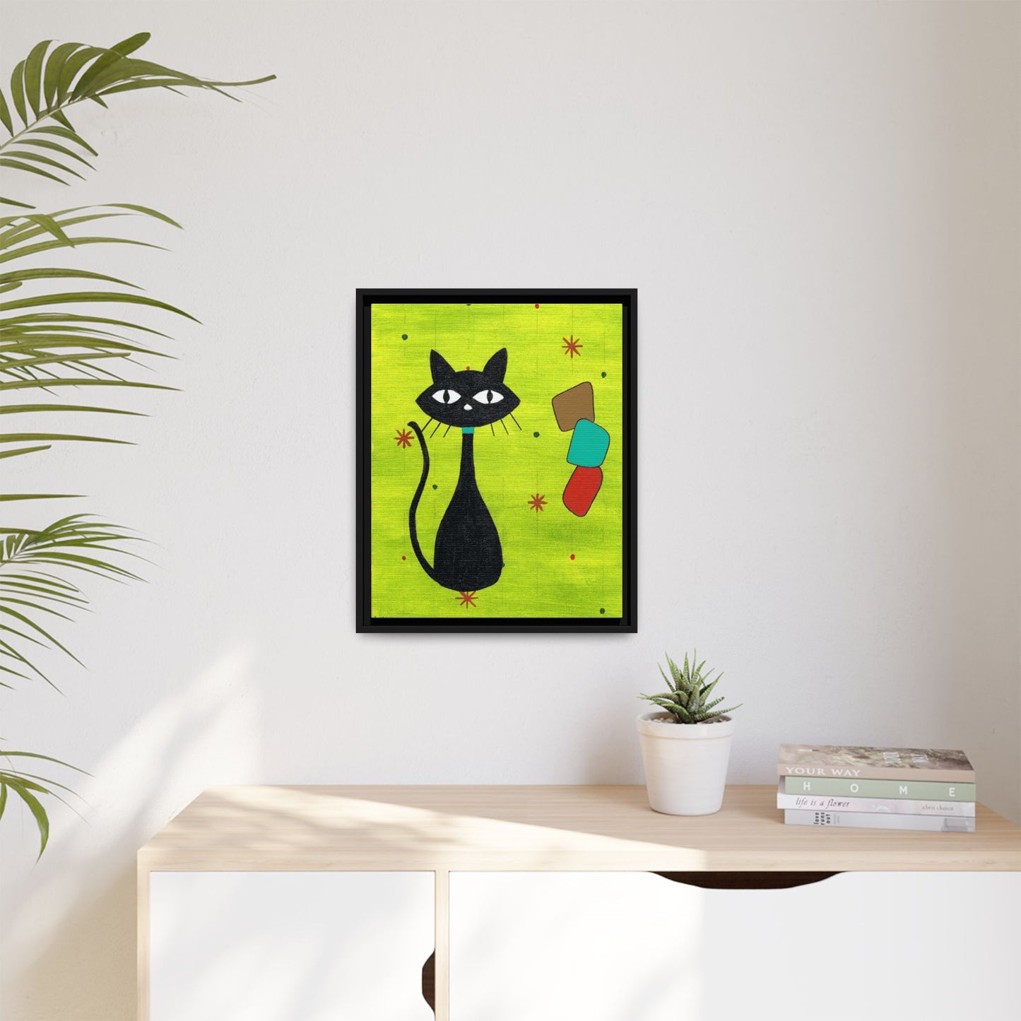 Play Time — Geometric Black Cat Matte Canvas Print (Framed)