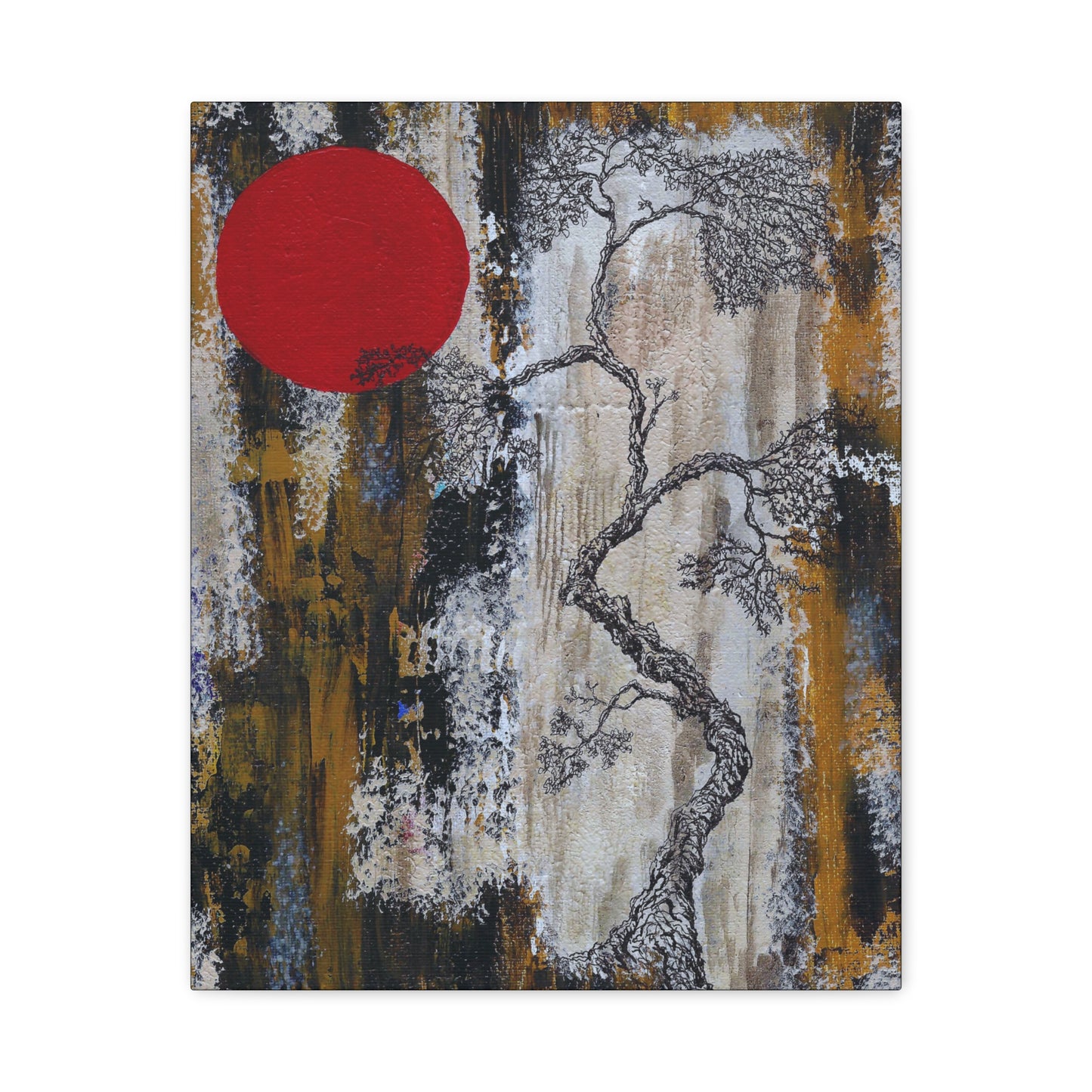 Titled "Red Moon Rising" Abstract Bonsai Tree On Canvas