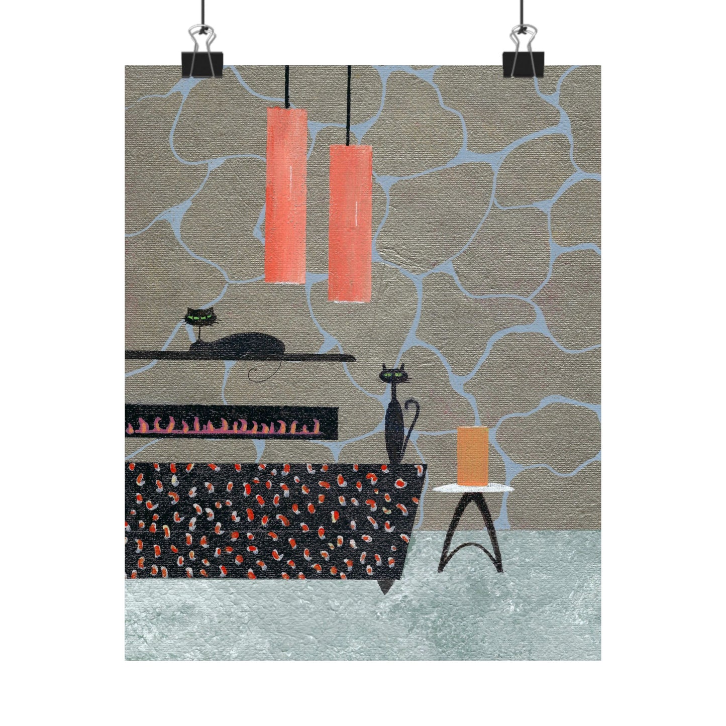 Poster - Vintage Inspired Cat Art Titled Fireplace Elegance