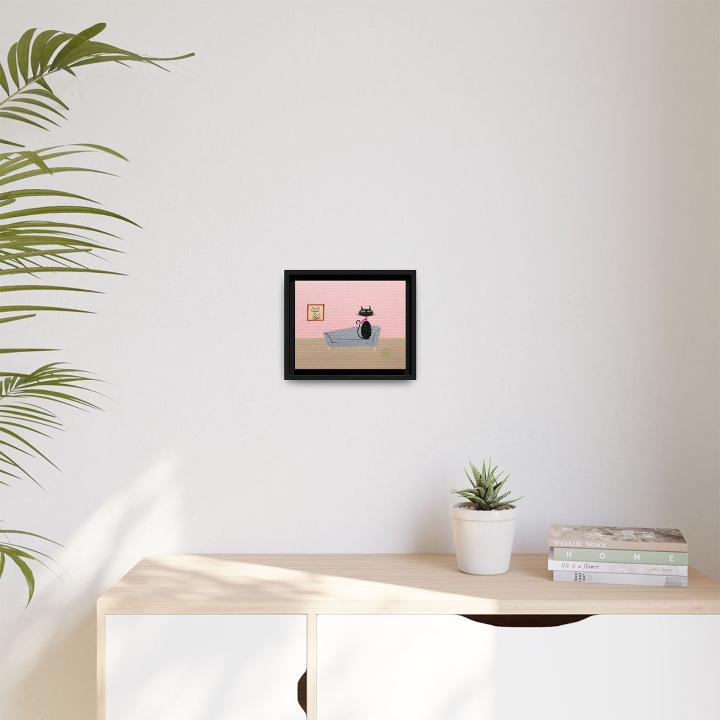 Mid‑Century Cat Art – Black Cat in Cozy Retro Interior – Canvas Print – JLockeDesigns