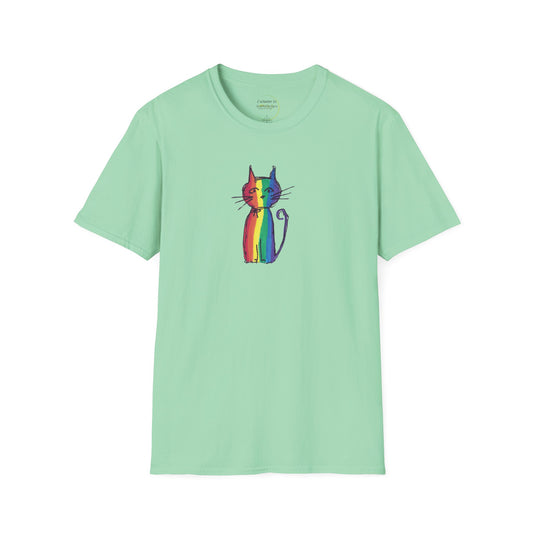 Pride Celebration Feline T‑Shirt – Rainbow Cat Graphic Tee – Mid‑Century Retro Style -JLockeDesgins