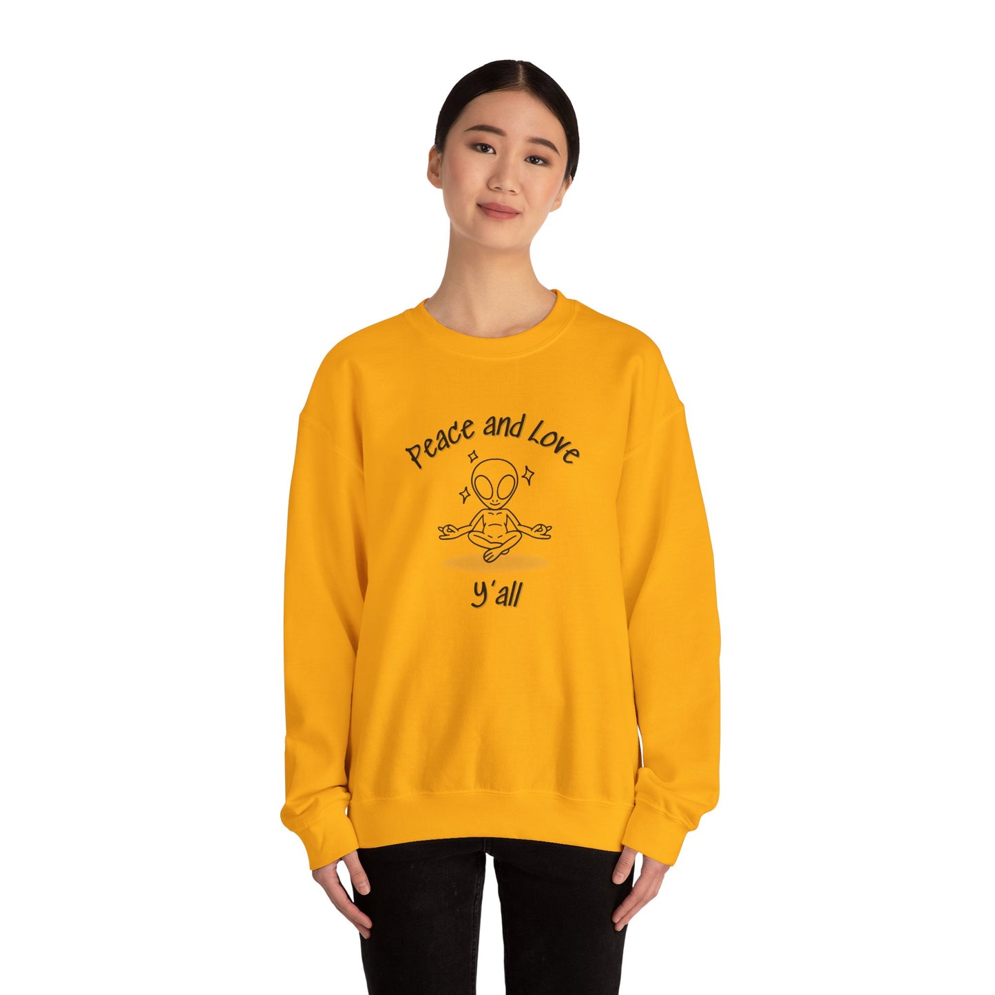 Crewneck Sweatshirt Peace And  Love Ya'll In Alien Yoga Pose