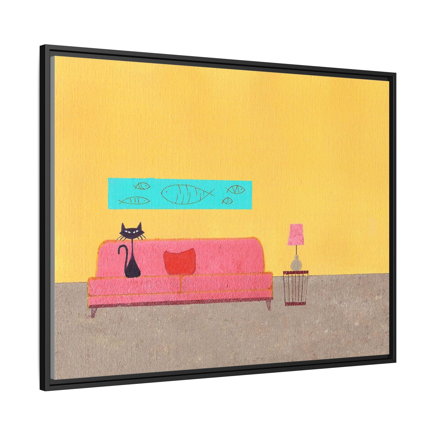 Blue Fish Black Kitty Vintage Inspired Framed Canvas Print