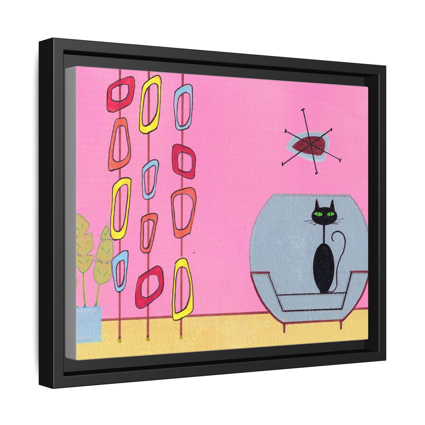 Mid‑Century Cat Art – Colorful Abstract Retro Scene – Framed Canvas Print – JLockeDesigns