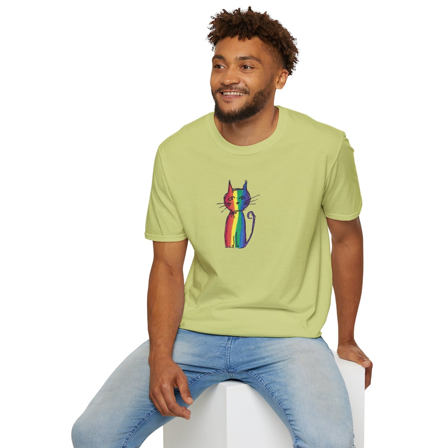 Pride Celebration Feline T‑Shirt – Rainbow Cat Graphic Tee – Mid‑Century Retro Style -JLockeDesgins
