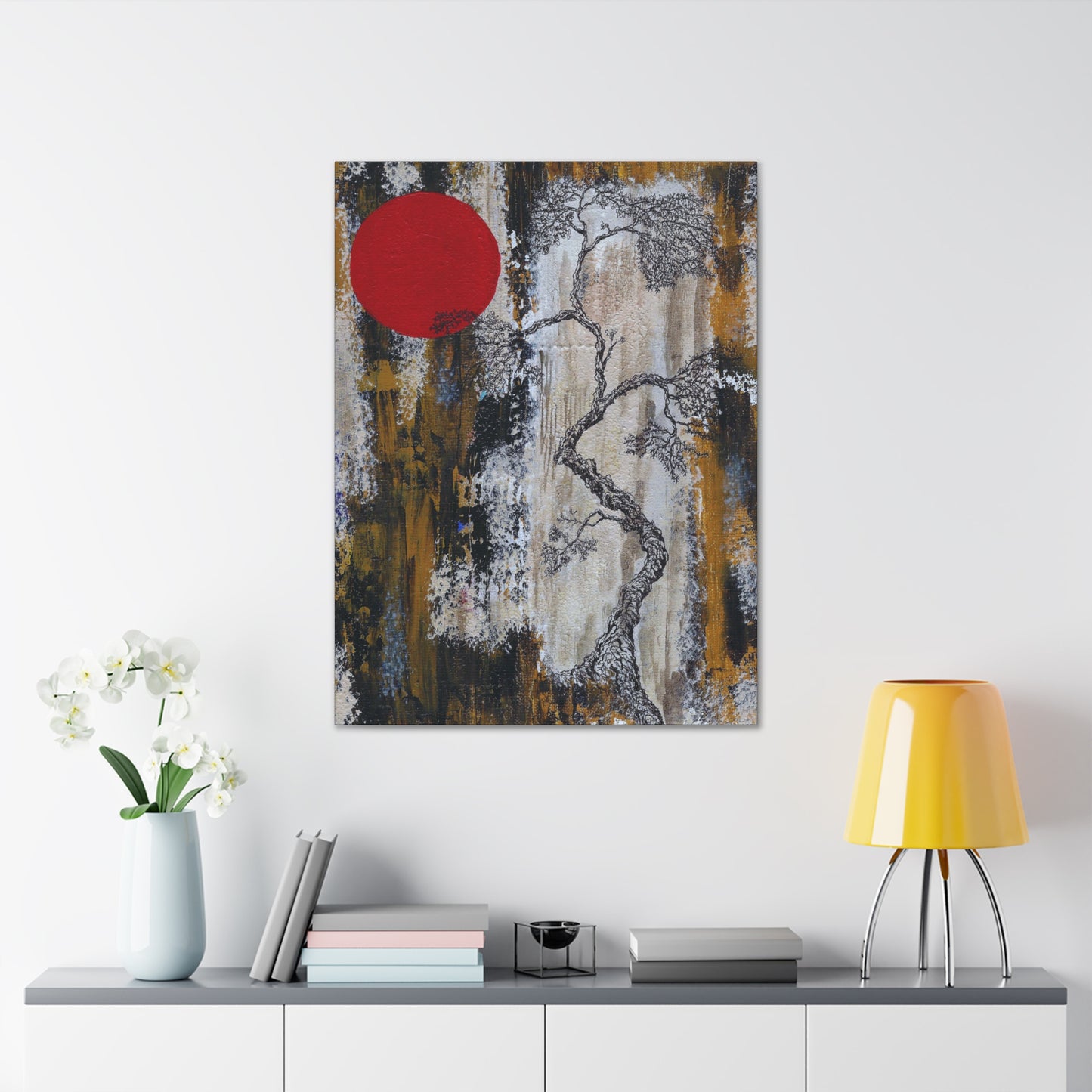 Titled "Red Moon Rising" Abstract On Canvas