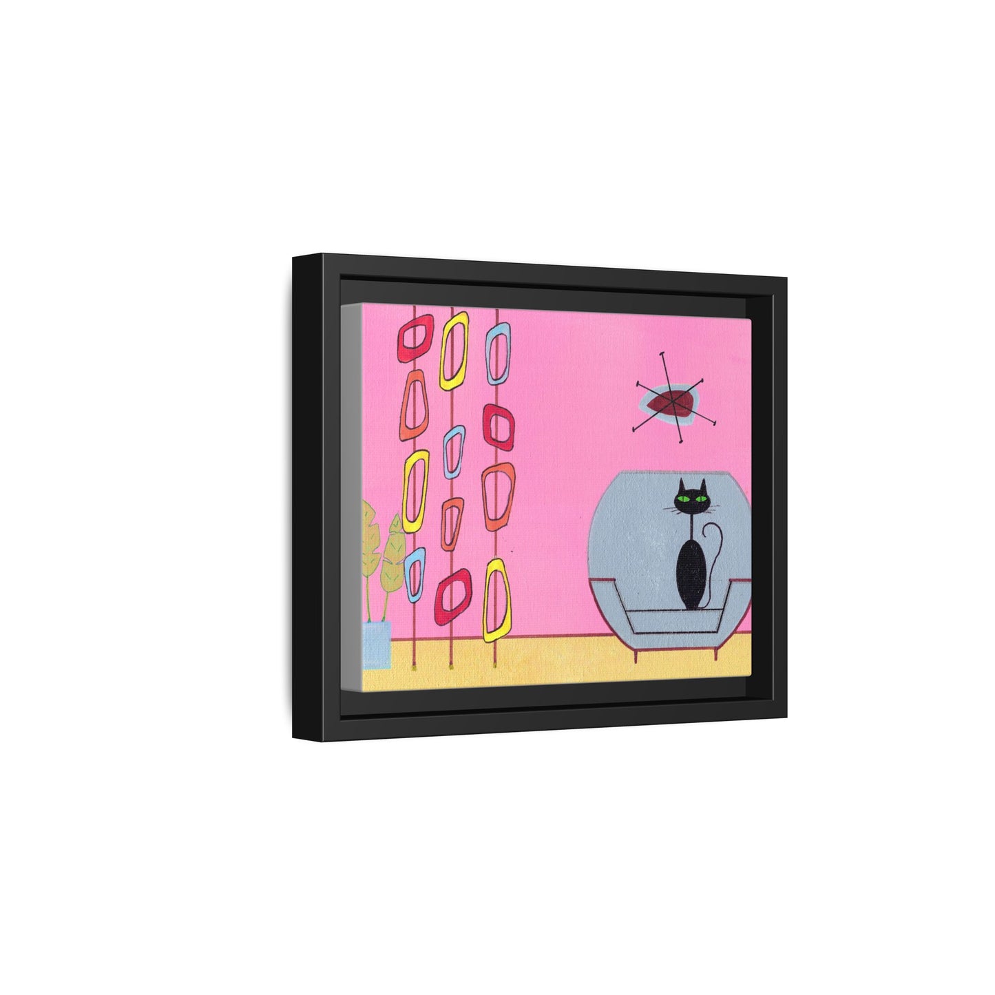 Mid‑Century Cat Art – Colorful Abstract Retro Scene – Framed Canvas Print – JLockeDesigns