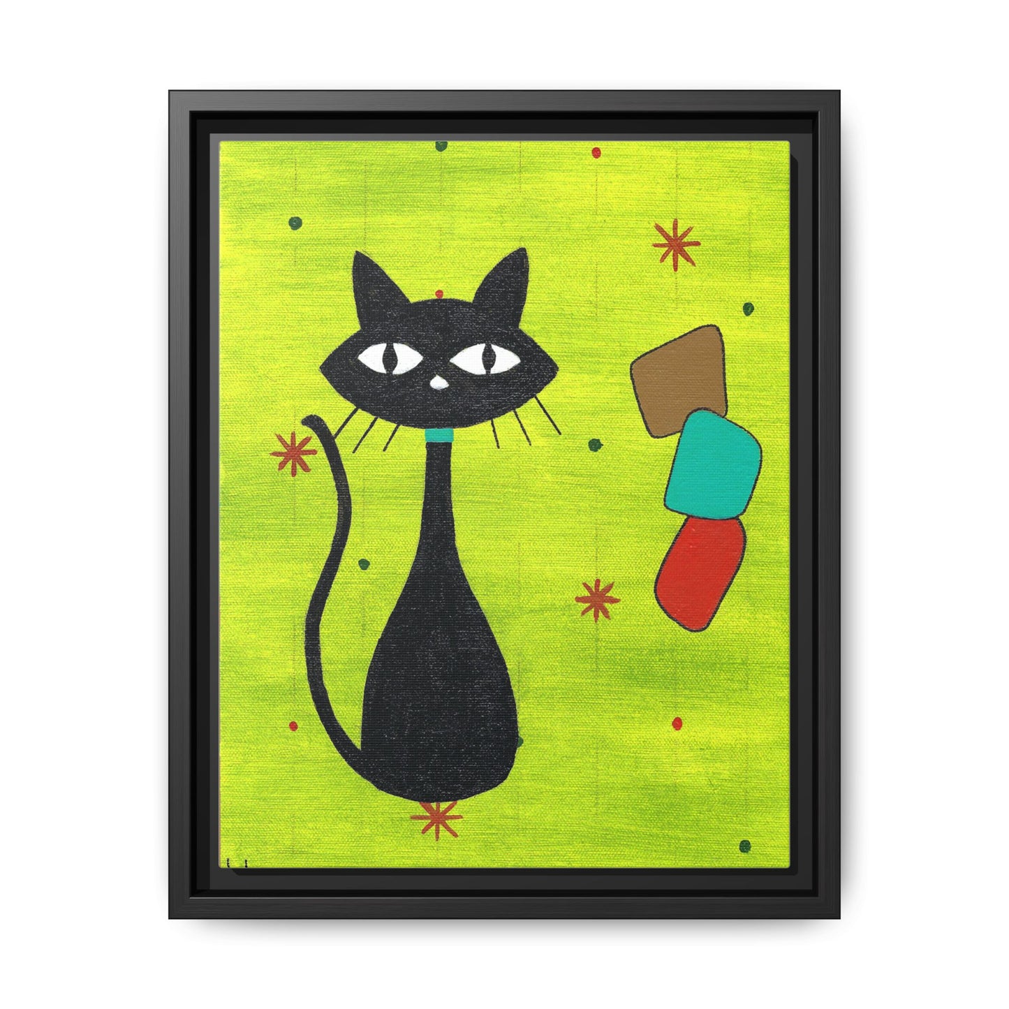 Play Time — Geometric Black Cat Matte Canvas Print (Framed)